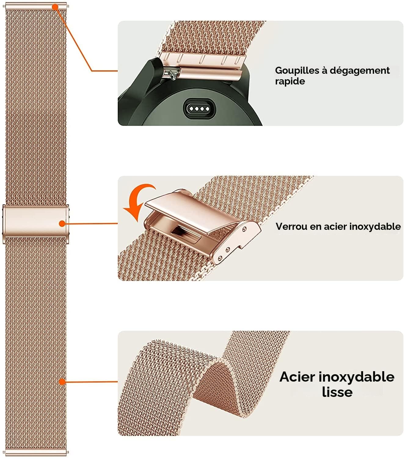 Aliwisdom bracelet de Montre 18mm pour Montre connectée, Smartwatch universelle Métal Acier Maille Bracelets de rechange de à libération Rapide pour Homme Femme (Or Rose, 18mm)