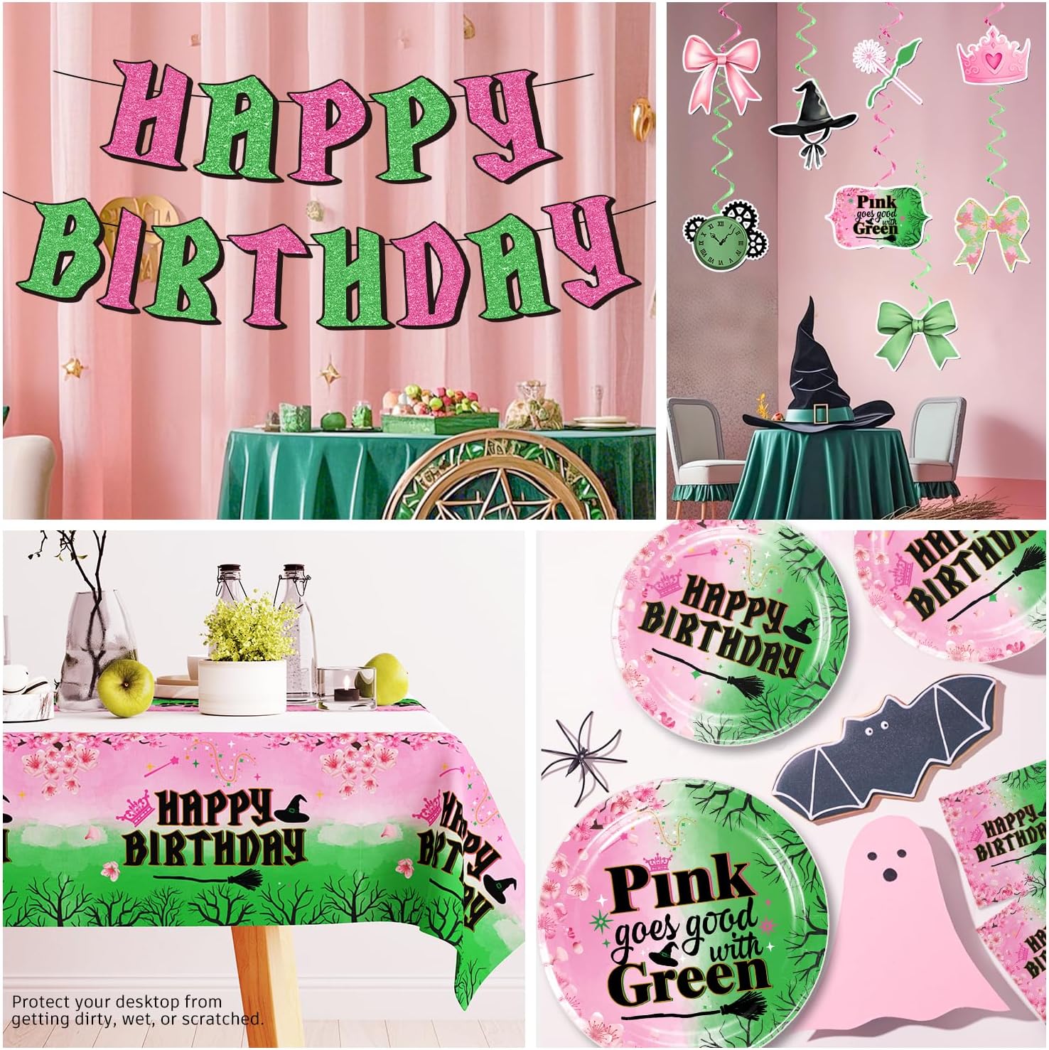 138 Pcs Pink and Green Party Decorations, Pink Goes Good with Green Banner Hanging Swirls Plates Napkins Straws Forks Cups Tablecloth for Witch Birthday Party Supplies Boys and Girl Birthday Decor - Image 6