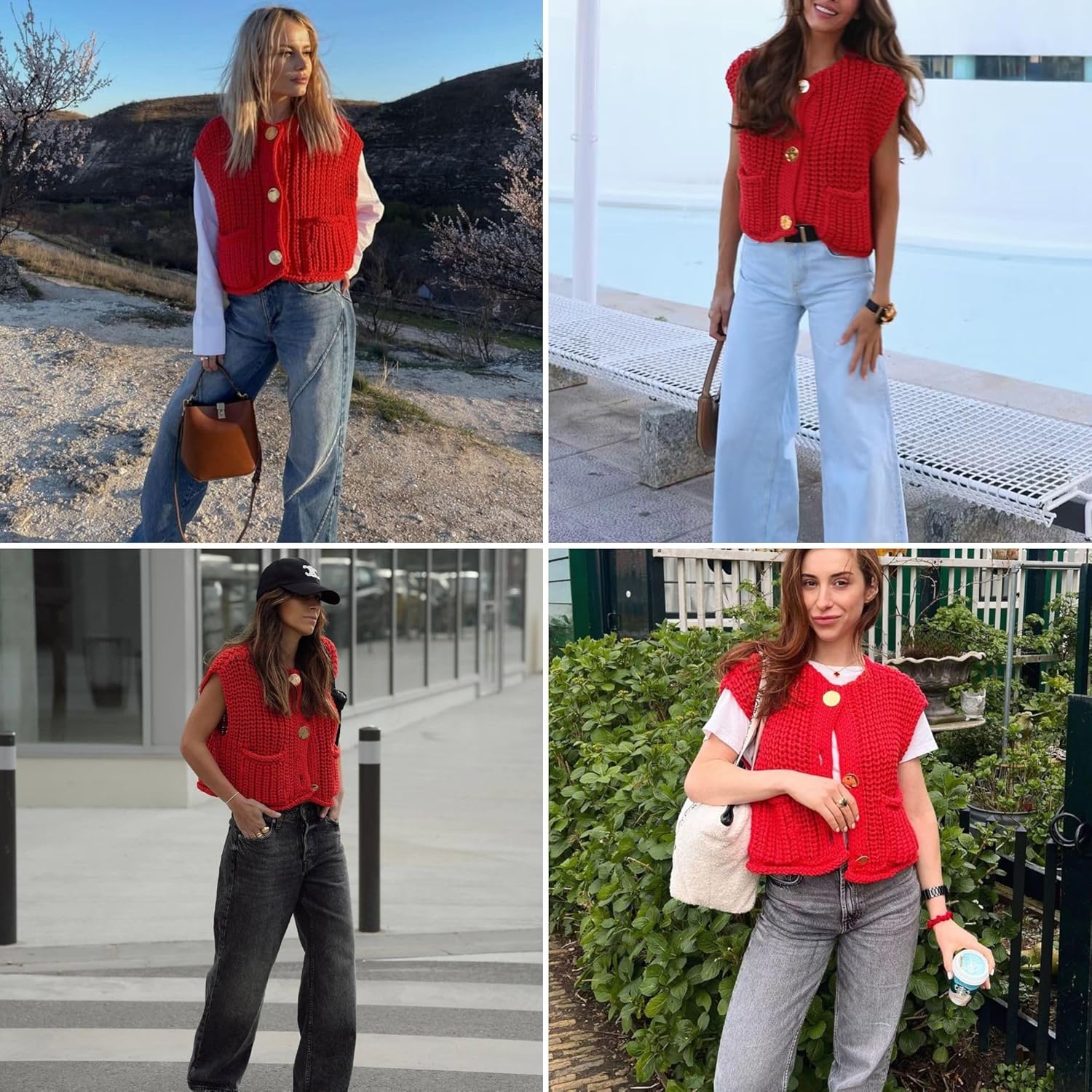 Chevara Women’s Chunky Cropped Sweater Vest Cute Sleeveless Crewneck Button Down Crop Knit Cardigan with Pocket - Image 2