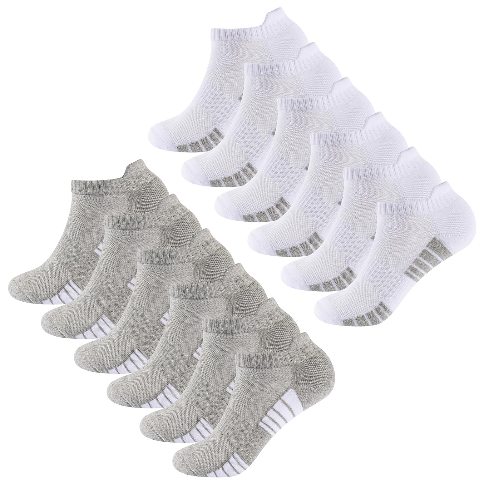 The Essentials Wardrobe 12PK Mens Striped Foot Bottom Trainer Socks - UK 6-8.5/EU 39-42.5 - White/Grey