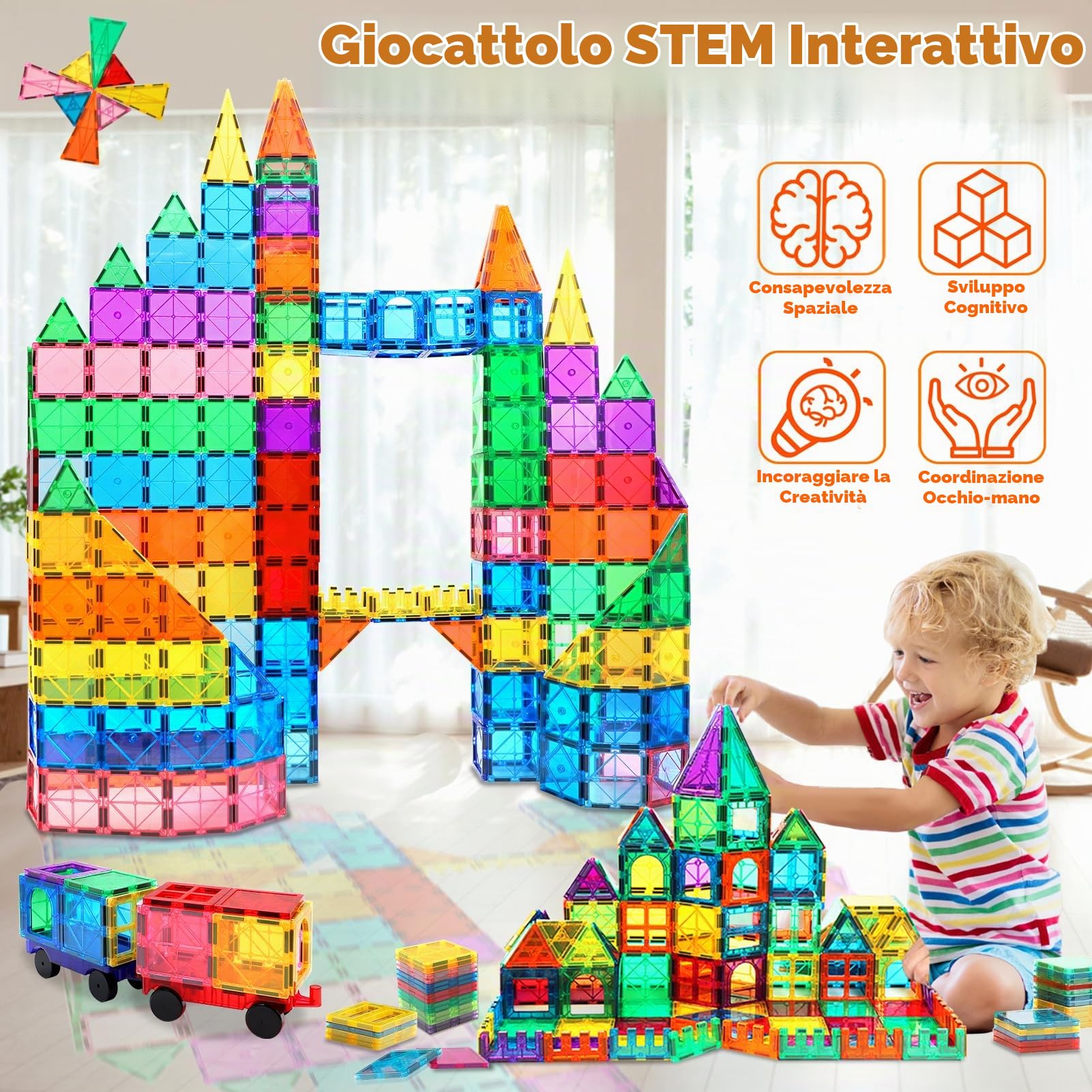 100PCS Costruzioni Magnetiche per Bambini con 2 Auto Giochi Bambini 3 4 Anni Magneti Blocchi Educativo Magnetic Tiles Giocattoli Regalo Bambini Bambina 5 6 7 8 Anni Ragazzi Compleanno Natale Epifania