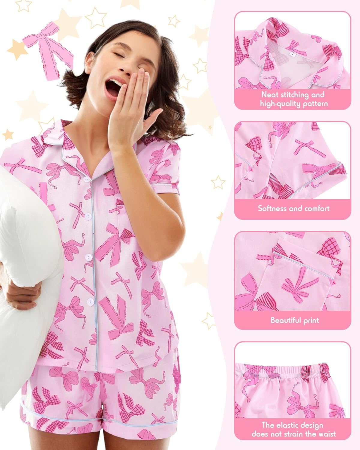 2 Piece Bow Pajamas for Women Bow Short Sleeve Sleepwear Cute Pjs with Gift Bag for Galentine's Valentine Day Gift - Image 3