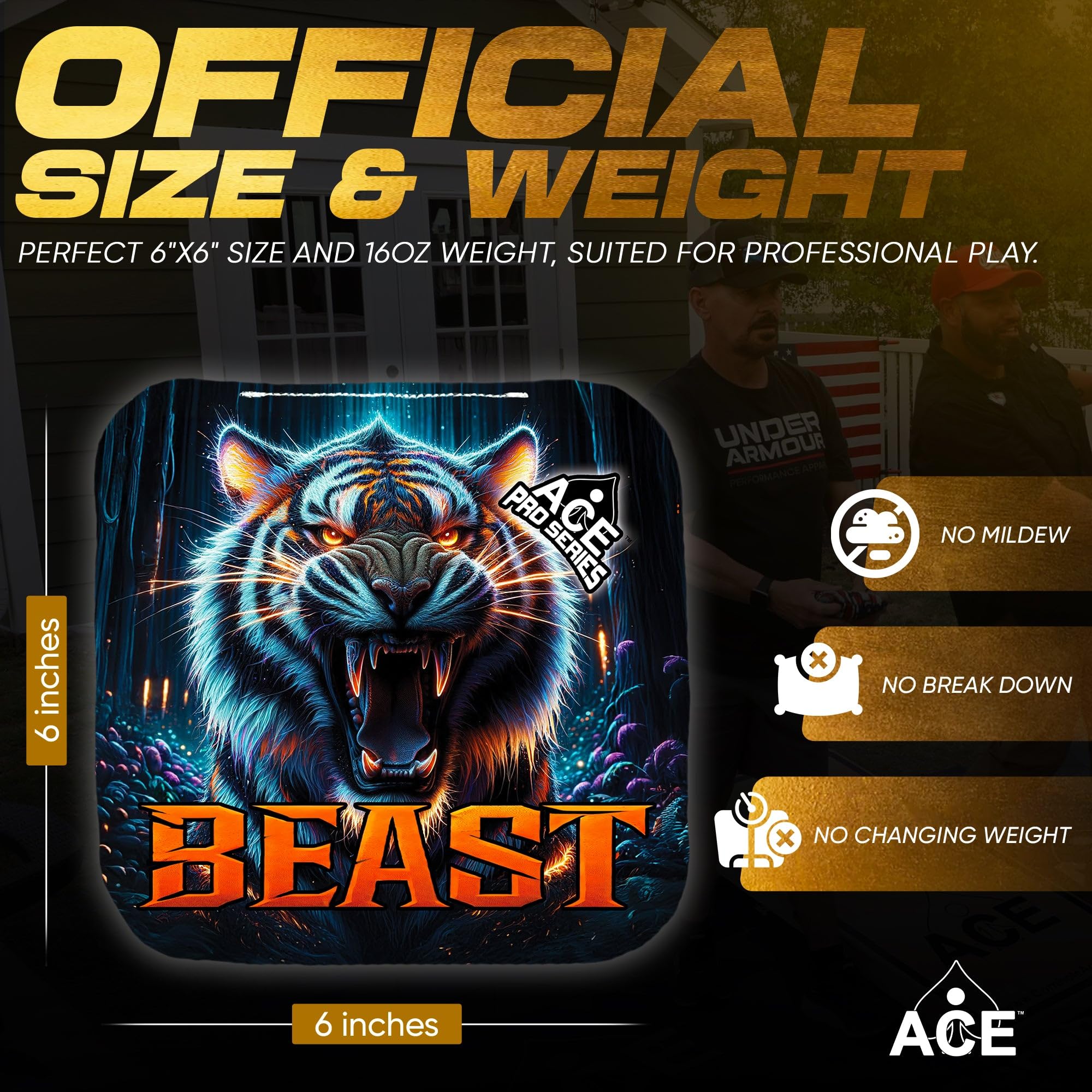CornholeAce Pro Beast Cornhole Bags (Set mit 4 Stück) | Fischgrätenstoff, wasserdicht, mit Kunststoffharz gefüllt, doppelseitig, professionell, reguläre Größe, 15,2 x 15,2 cm, 473 ml, hergestellt in