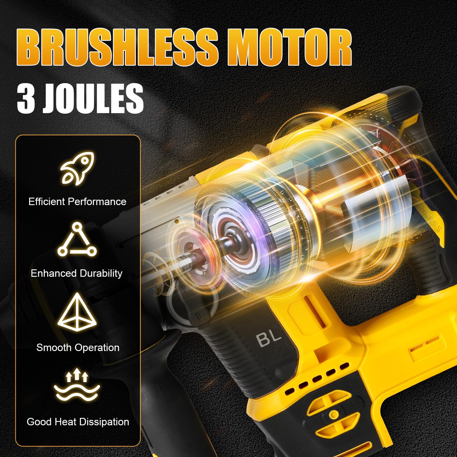 Roadtime 2 en 1 Martillo combinado y taladros para DeWalt 20V(sin batería) | 1250W Velocidad del Hammer de corte 3500 rpm,Hammer combinado con 3x broca SDS PLUS,Energía de golpe 3 J,con 4 funciones