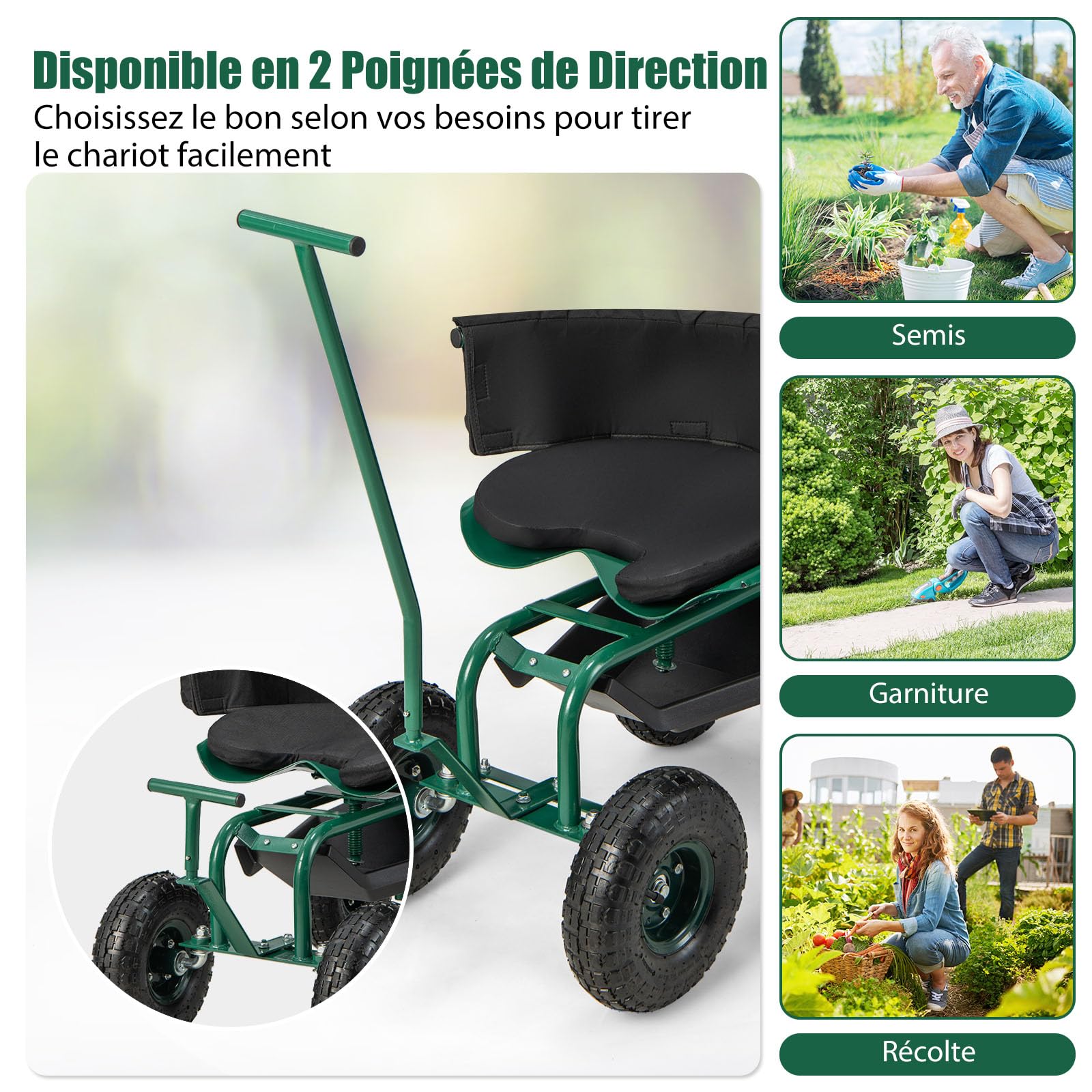 GOPLUS Siège de Jardin Roulant, 2 Poignées de Direction, Tabouret de Jardinage Roulant avec Siège Pivotant 360°& Hauteur Réglable(42 à 52cm), Extérieur, Vert