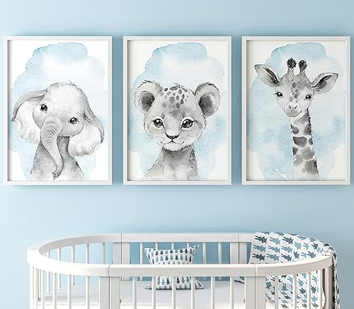 Miniatura 8 de Juego de 3 impresiones artísticas de pared sin marco de animales de safari para bebé niña o niño, animales de bebé de cuerpo completo en color,