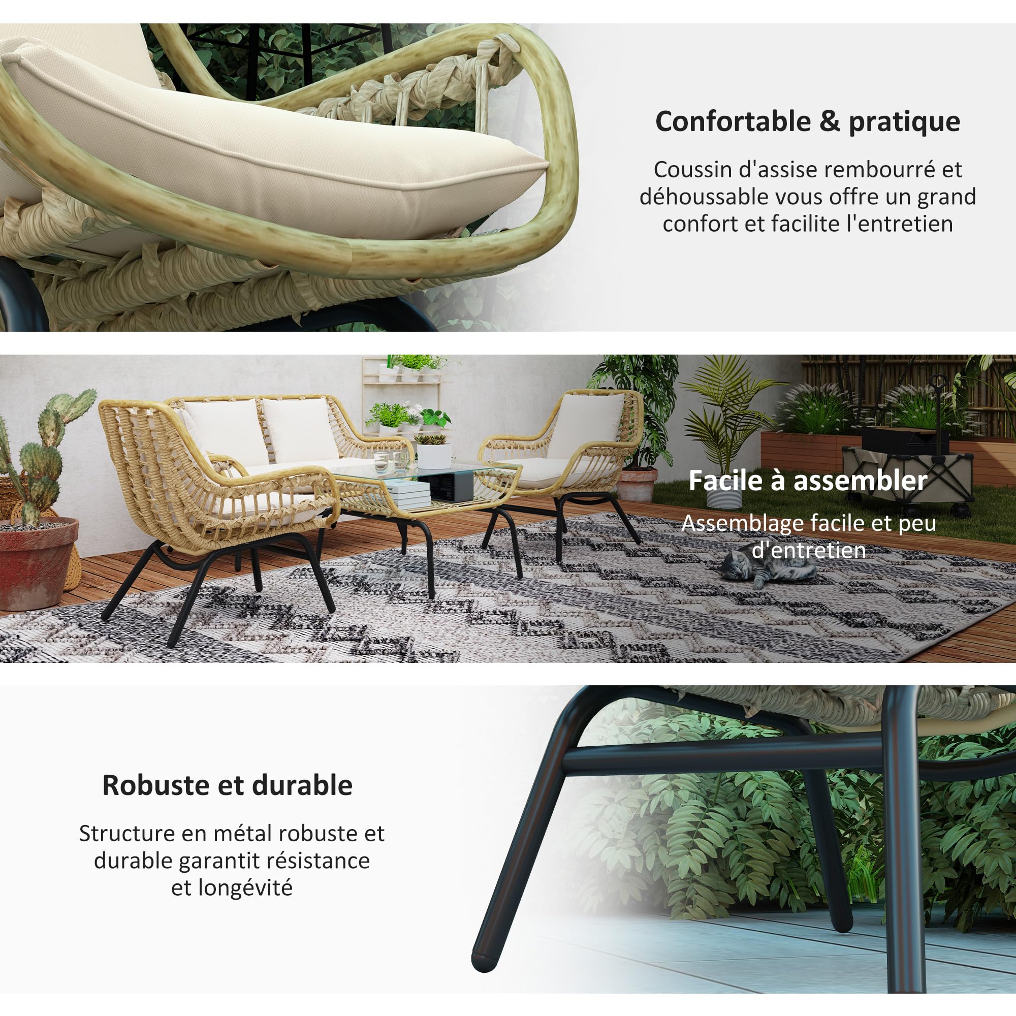 Outsunny Salon de Jardin 4 pers. 4 pièces Style Exotique métal époxy résine Imitation Coussins Grand Confort Inclus Polyester Beige