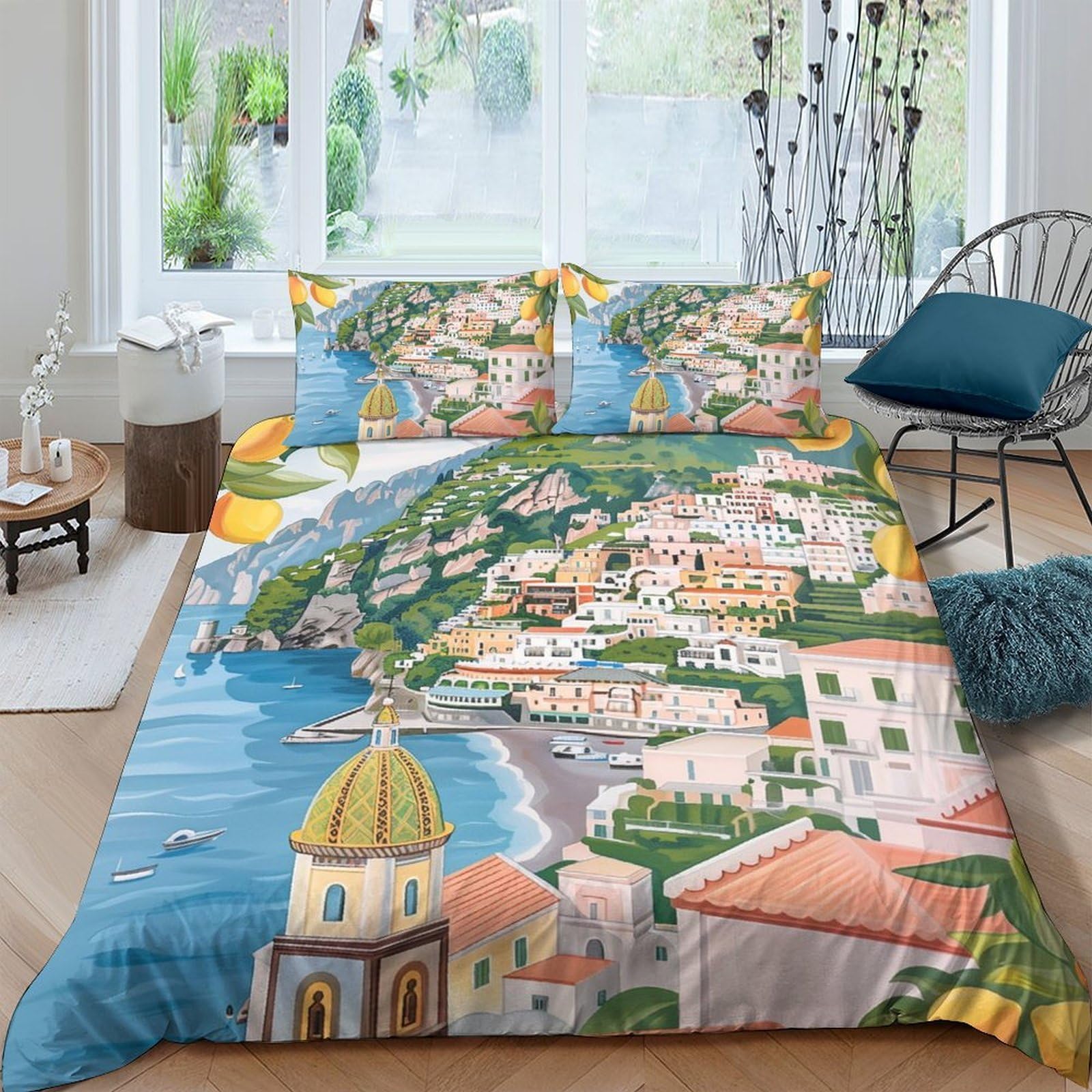 Ctjqhvkz Style-7 3D Printed Amalfi Coast Fitted Sheet Microfiber Soft Scenic Village Mattress Cover For Bedroom Guest Room Decor Single（135X200cm）
