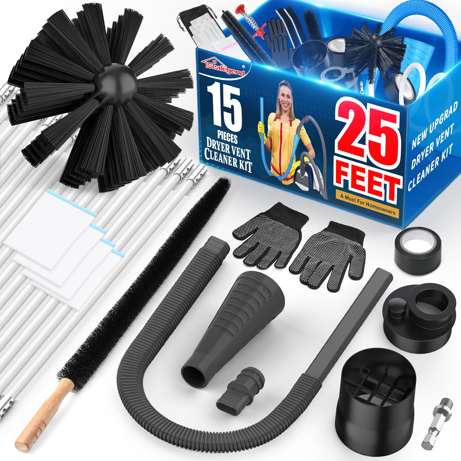 Sealegend 15-Piece Dryer Vent Cleaner Kit Omnidirectional Dryer Cleaning Kit Include 30 Feet Dryer Vent Brush, Black Dryer Lint Vacuum Attachment&Dryer Lint Trap Brush, Vacuum & Dryer Adapters