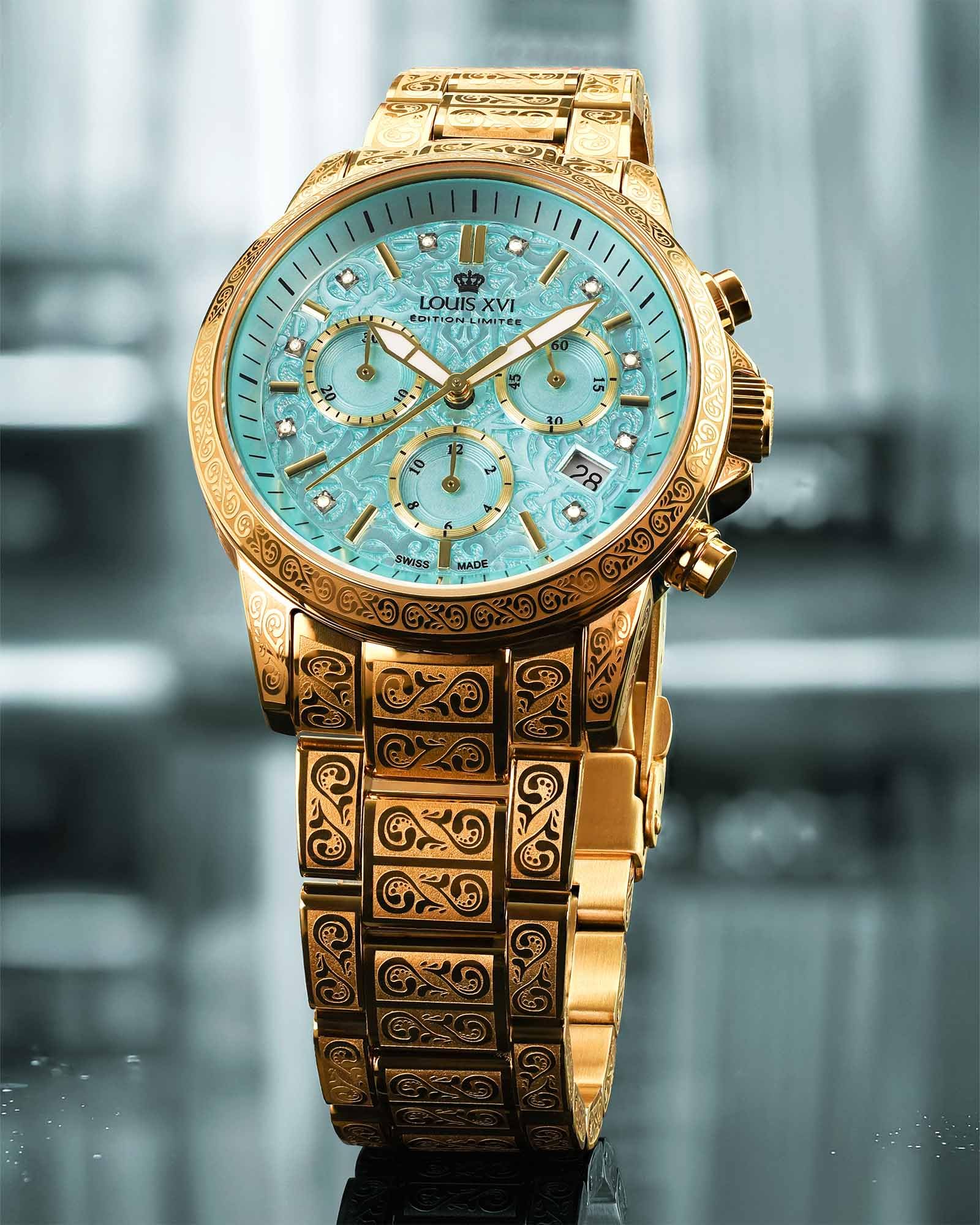 LOUIS XVI Palais Royale Femme 6005 - Ø 38 mm - Damen Uhr - Wasserdicht - Armband Gold - Zifferblatt Minty Green mit Diamanten - Schweizer Quarzwerk