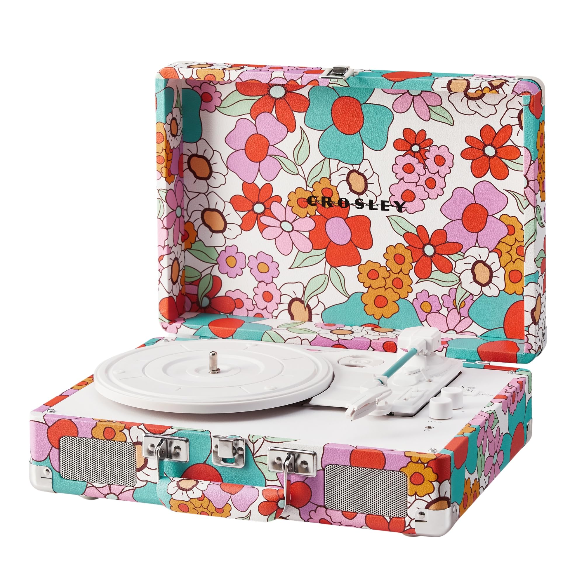 Crosley Cruiser Plus Tourne-Disque rétro avec 2 Haut-parleurs, Bluetooth in & Out et Aux 3 Vitesses, Tourne-Disque rétro, pour Vinyle de 7", 10" et 12", Portable avec Mallette intégrée, Fleurs Groovy