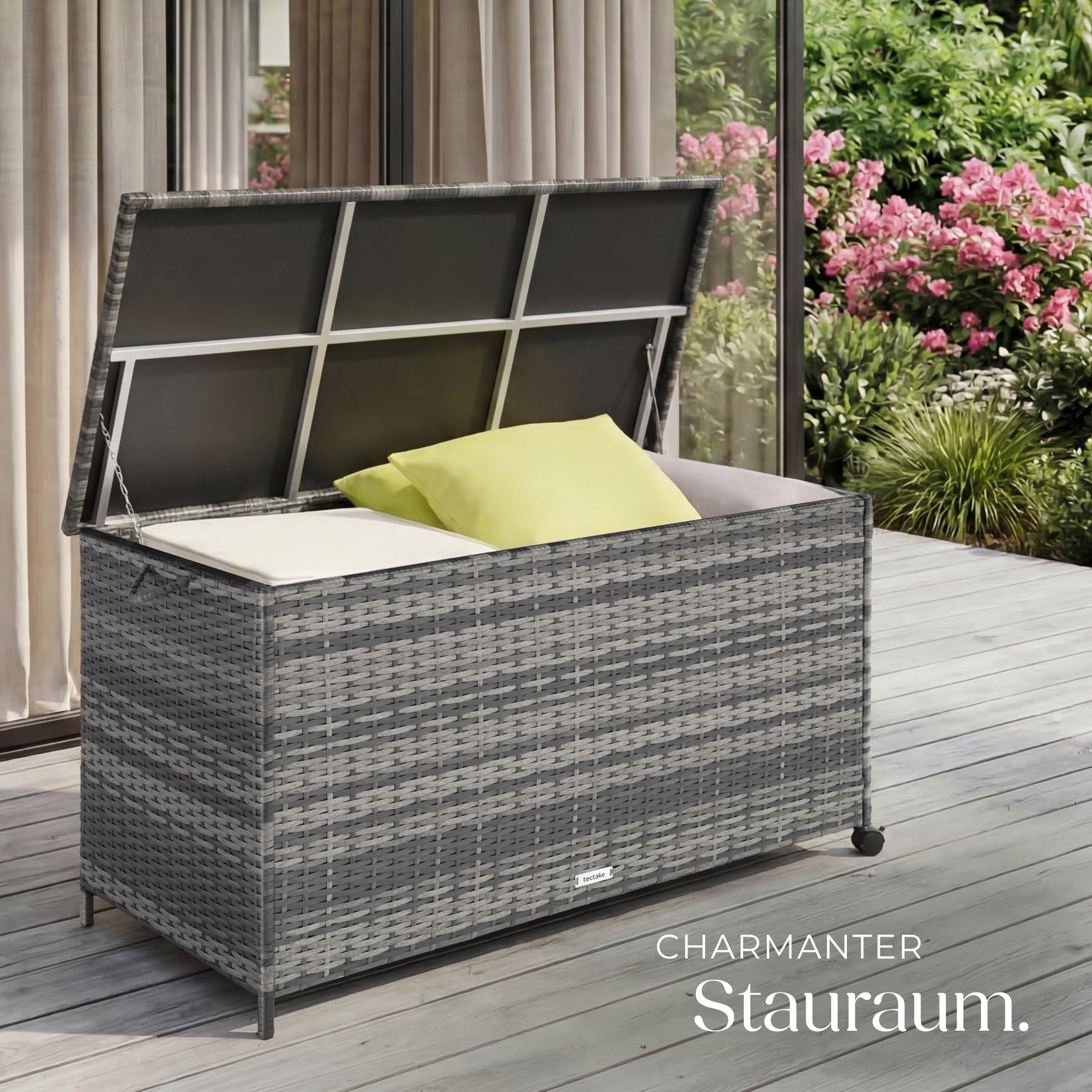 tectake® Auflagenbox 253 l, 116 x 54 x 64 cm, 2 drehbare Rollen mit Feststellbremse, Polyrattan mit Aluminiumrahmen, Gartenmöbel, Outdoor Lagerung, Staubschutzbox, Schutzbox, wetterfest - grau