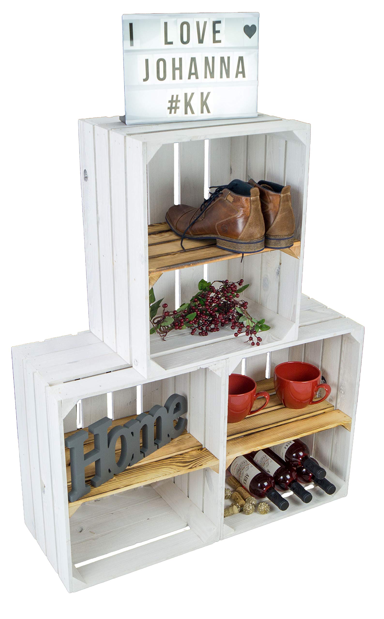 3 x schoenenkast, schoenenrek, wijnrek, voor 18 paar schoenen, stabiel rek in fruitkisten-look (set van 3, wit / gevlamd, met middenplanken