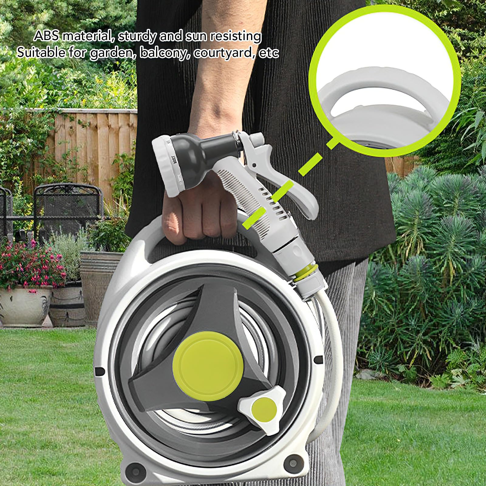 Carrete de Manguera de Jardín Portátil de 50 Pies, Bolsa de Almacenamiento de Manguera Ligera de ABS con Boquilla de 9 Patrones para Patio Pequeño, Balcón y Patio, Rebobinado