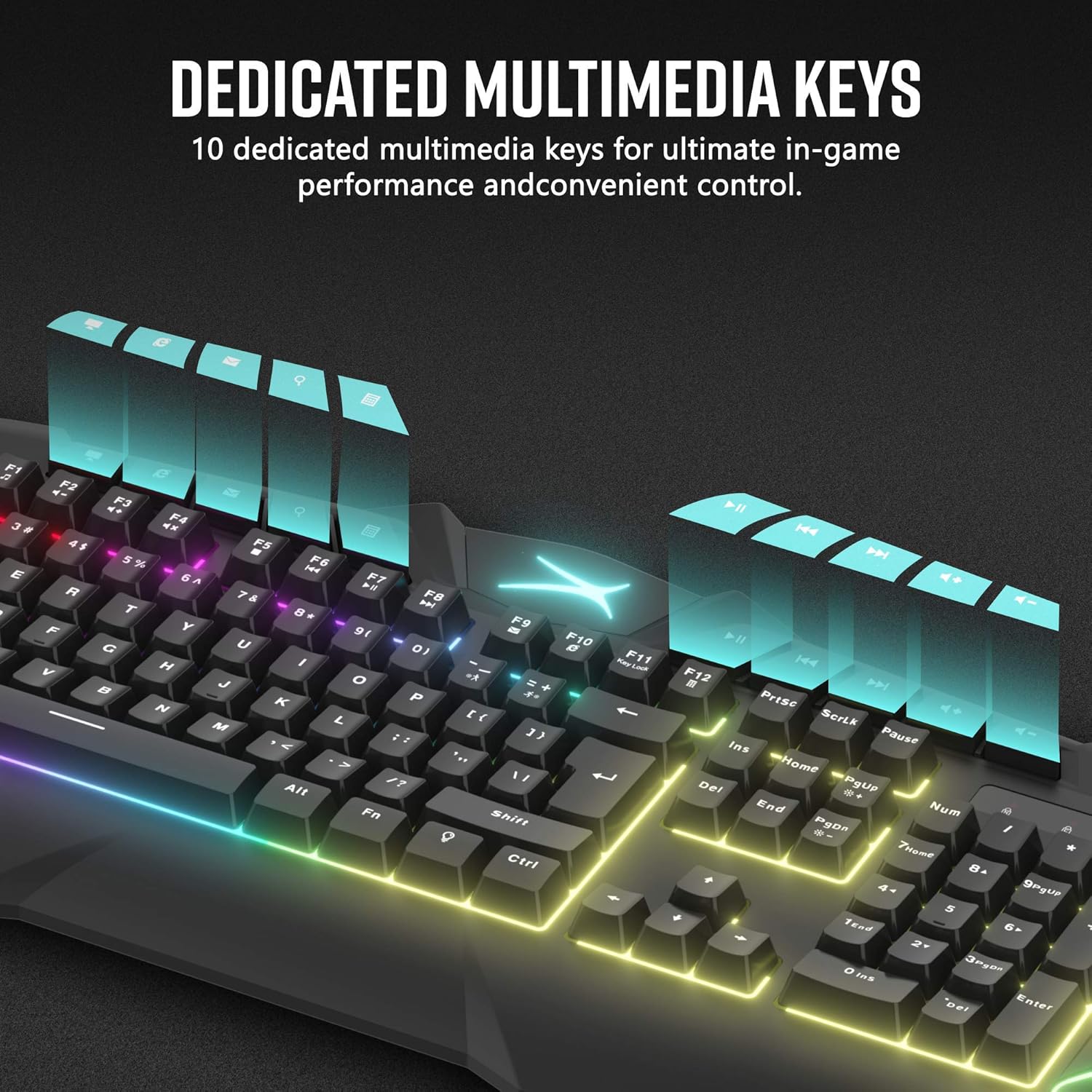 Close-up of the Altec Lansing M180 keyboard highlighting the dedicated multimedia keys located above the function row.