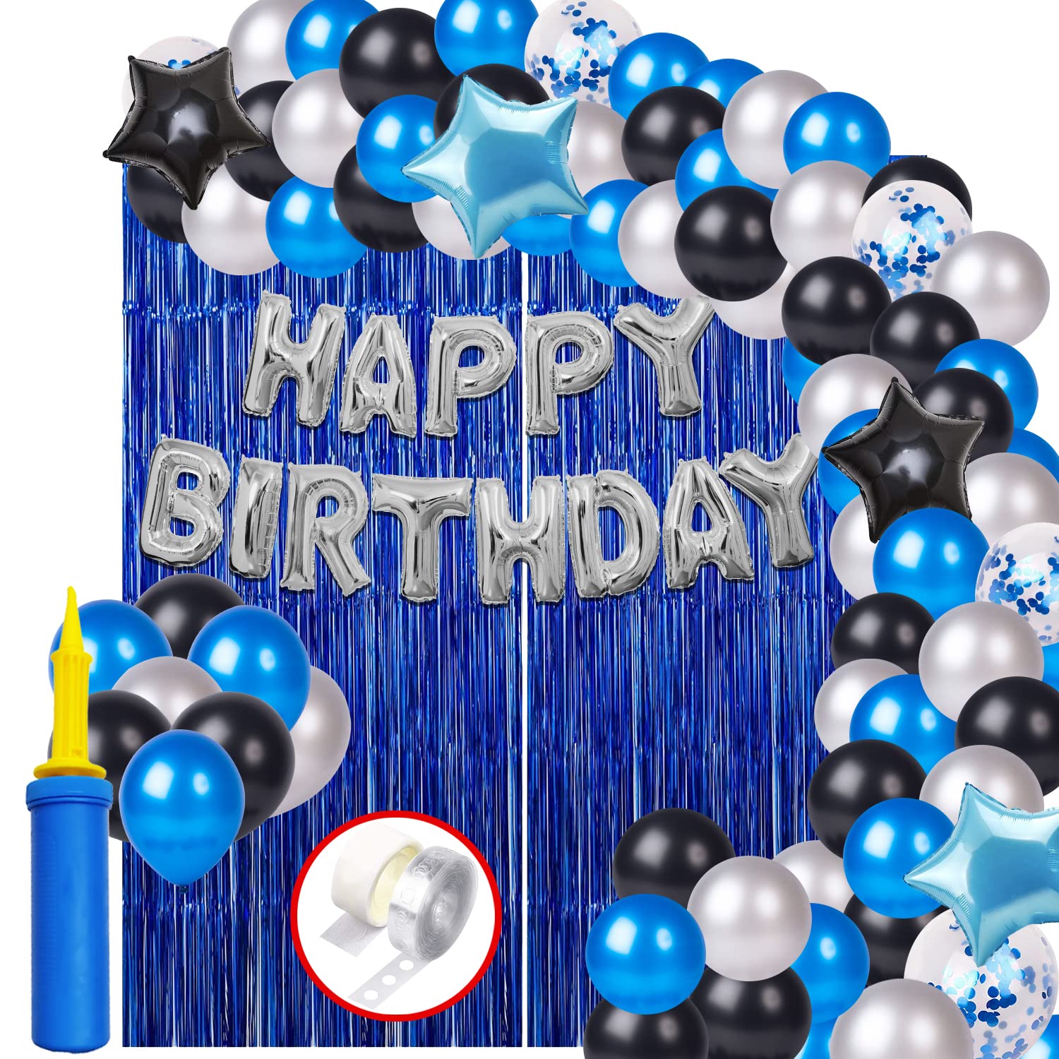 Party Propz Blue Birthday Decoration Kit - 60 Pcs for Boys, Husband | Foil, Metallic Balloons, Curtains | Happy Birthday Decorations