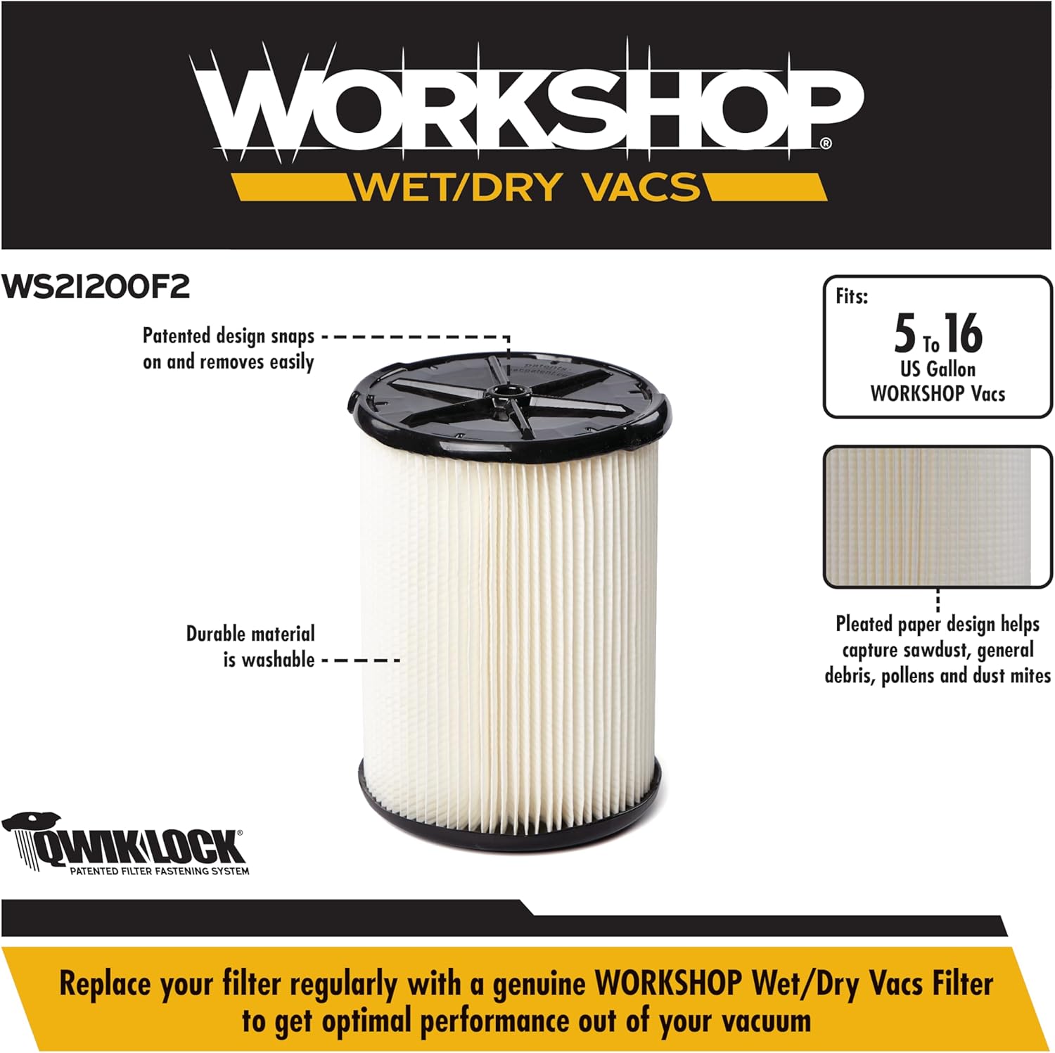 WORKSHOP Wet/Dry Vacs Vacuum Filters WS21200F2 Genuine Replacement Standard Filters (2-Pack) for WORKSHOP Branded 5-Gallon to 16-Gallon Wet Dry Shop Vacuum Cleaners