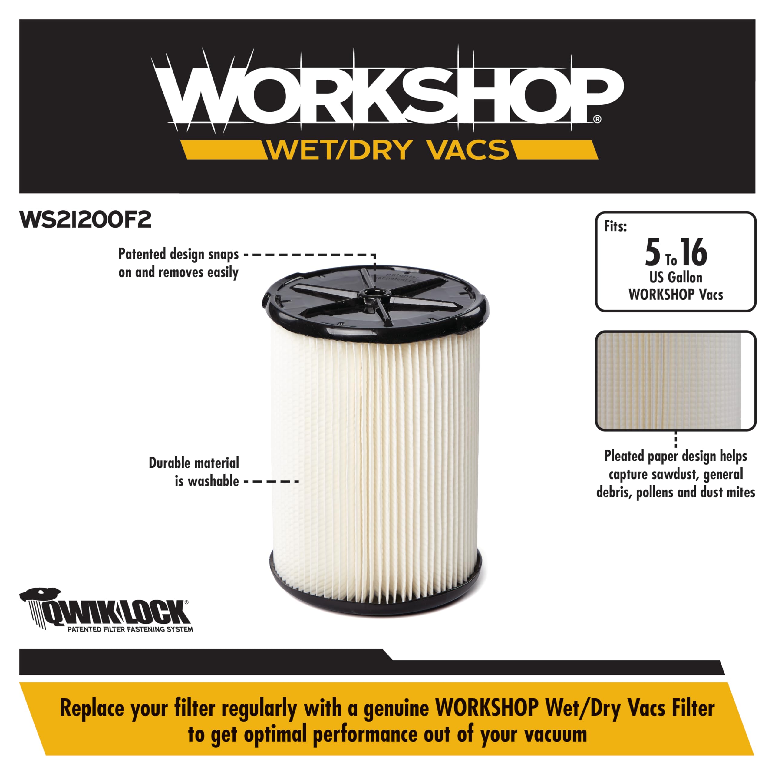 WORKSHOP Wet/Dry Vacs Vacuum Filters WS21200F2 Genuine Replacement