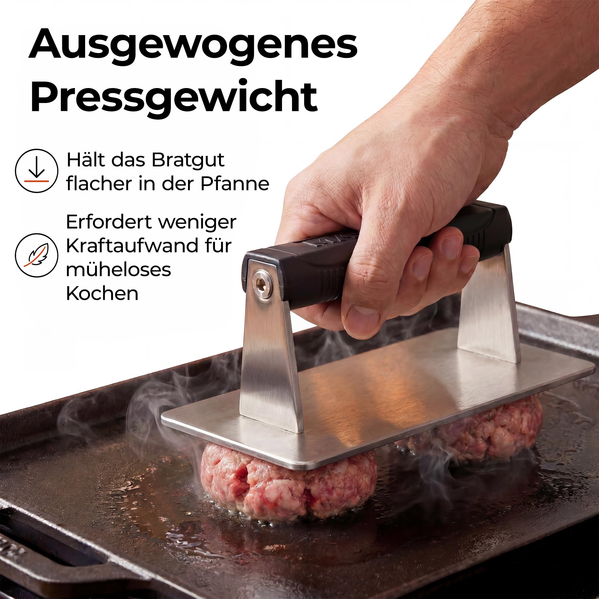 Smash-Burgerpresse, 304 Edelstahl, 1,13 kg, 21×10,8 cm | Hochleistungs-Burgerpresse, Für Burger, Speck, Steak & Sandwiches, Spülmaschinenfest, Hitzebeständig, Flacher Kochgewicht