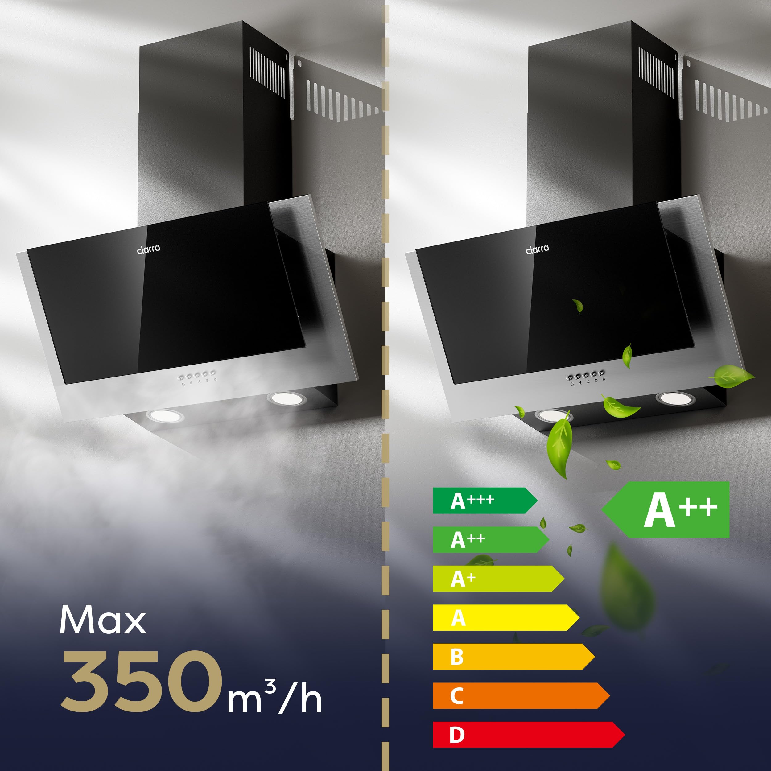 Ciarra Hotte Aspirante Inclinée 60cm 350m³/h Classe A++ Hotte de Cuisine Murale Noire