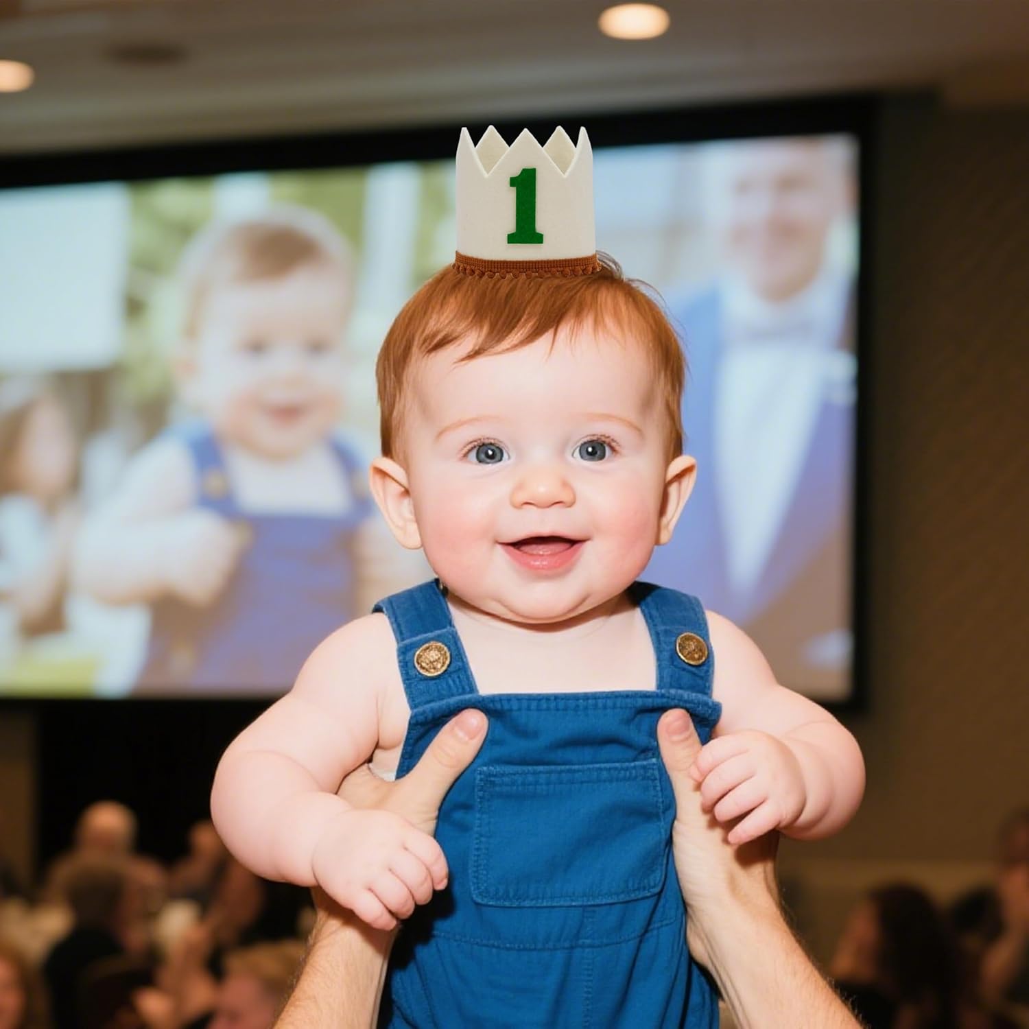 First Birthday Crown Hat, White Felt with Green Number 1, Brown Pom Pom Trim, Sports Theme - Image 4