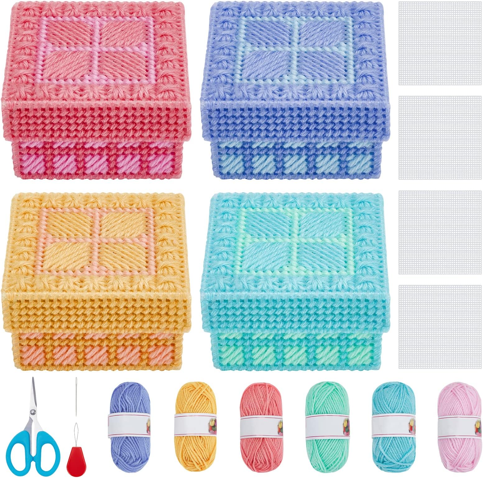FREEBLOSS 4 Set Plastic Canvas Box Kit Plastic Canvas Kit for Beginners Mesh Canvas Sheets and 6 Colors Yarn for Embroidery Crafting, Knitting Projects