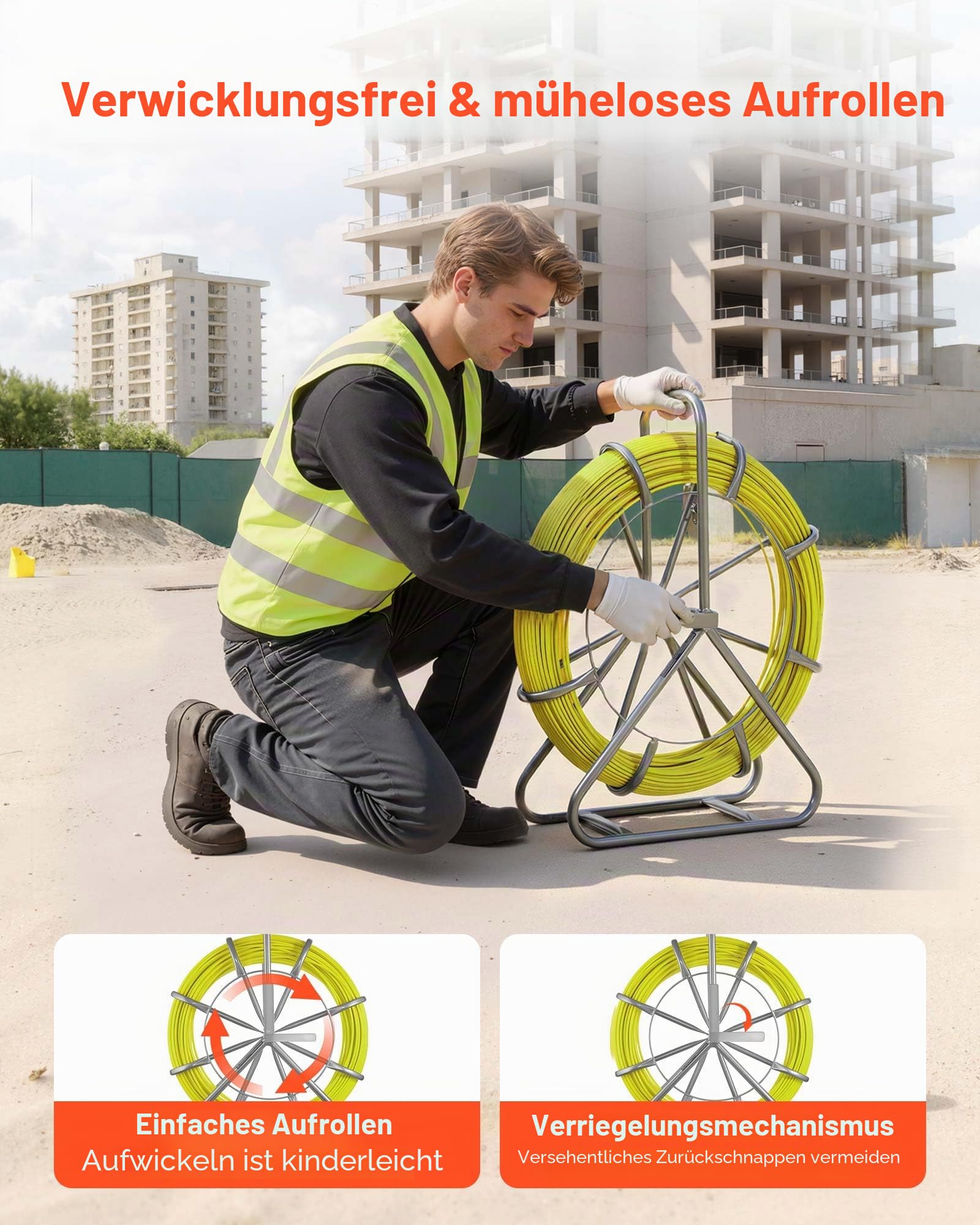 VEVOR Fiberglas Kabel Rad 100 m Ø6,3mm Glasfaserstab, Fischband mit Ständer, Kabeleinziehhilfe mit Markierungen, Kabeleinfädler, Kabelzieher für Wände & Elektroinstallationsrohre, Nichtleitend