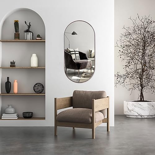 Miniatura 5 de Camden Reed Espejo de pared de metal en forma de píldora de 19.5 x 39.5 pulgadas, espejo de baño, espejo de dormitorio, espejo para tocador, nogal