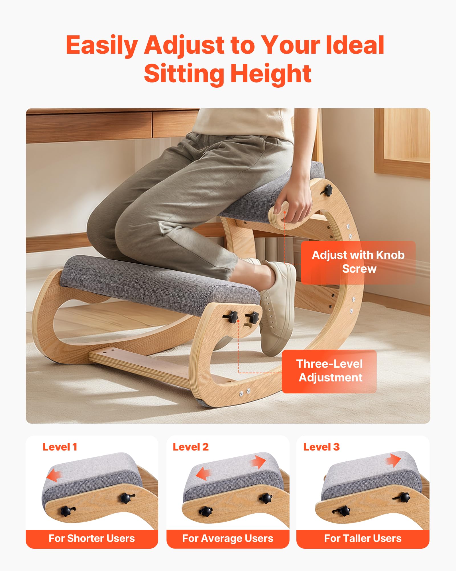 VEVOR Chaise à Genoux Ergonomique, Siège Assis Genoux Coussins en Mousse Épaisse, Réglables à 3 Niveaux, pour Maison Bureau Méditation, Cadre en Bois Massif, Soulage Tensions du Cou et du Dos, Grise