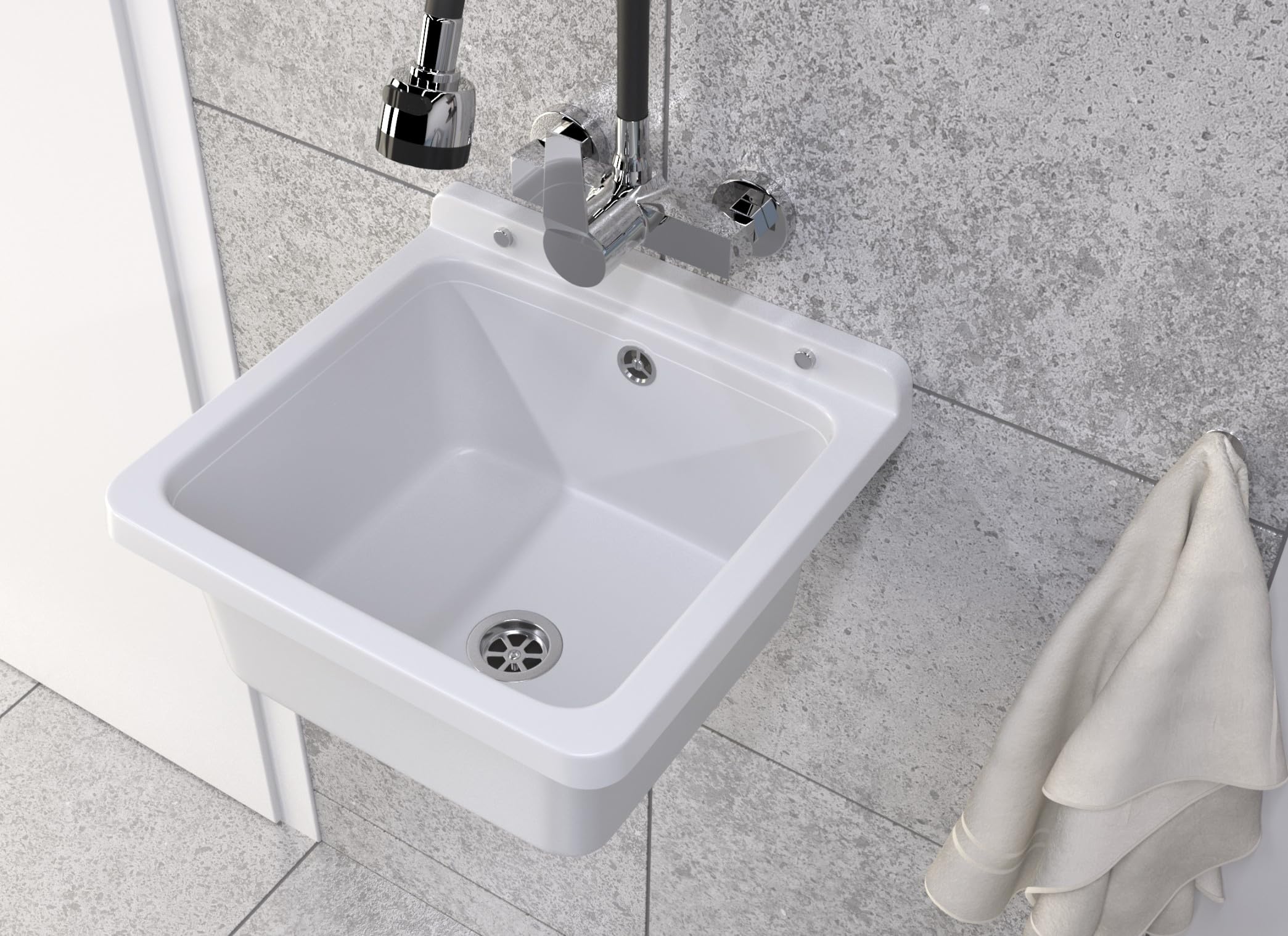 Granitan White Sink For Garage, Basement, Workshop And Laundry Room, Universal Wash Trough With Siphon, Wall Mounted Sink For Indoor And Outdoor Use, 40 X 38 X 22.8 Cm,