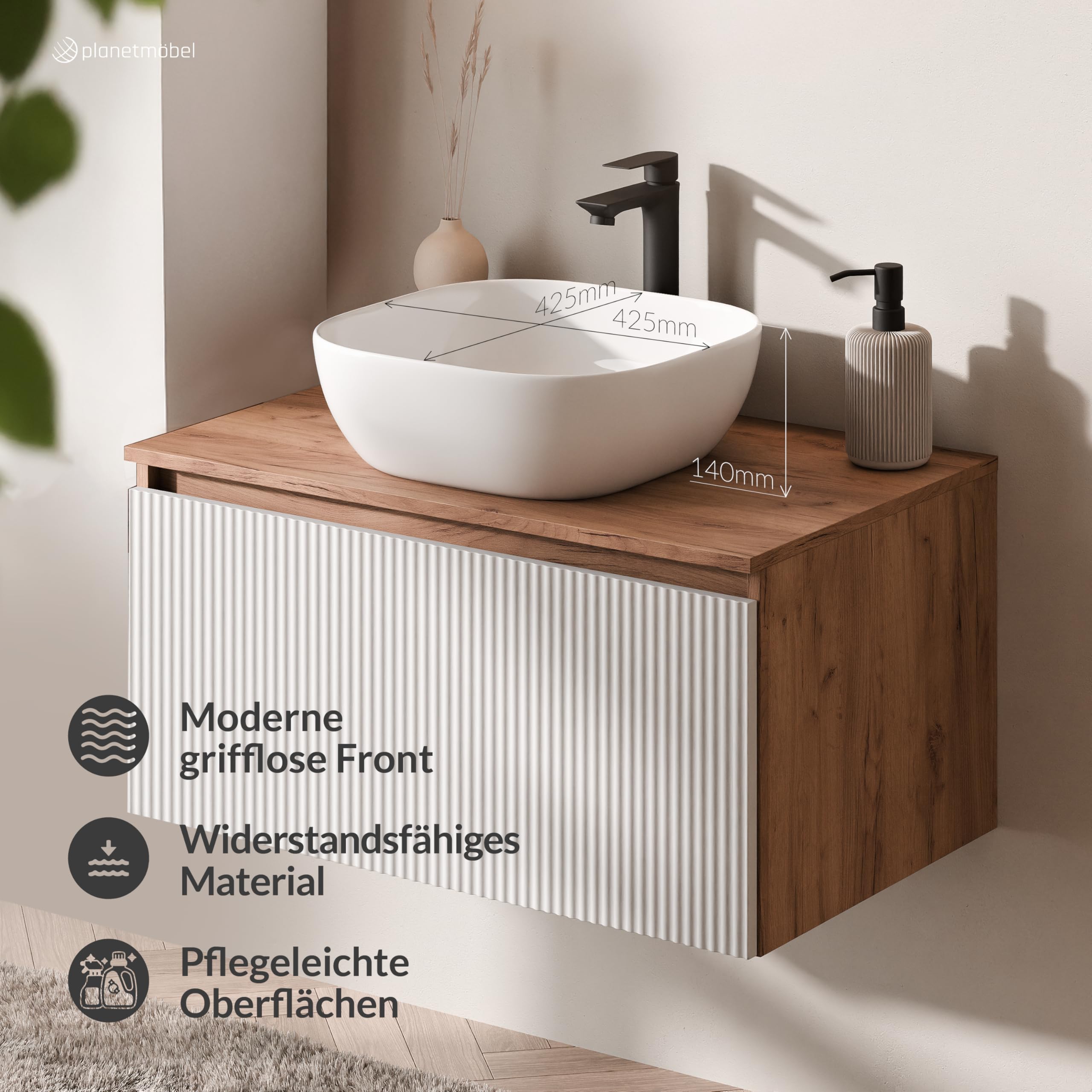 Planetmöbel Arisa - Conjunto de muebles de baño con mueble de 80 cm, color roble dorado blanco (acanalado) con espejo NOVA, lavabo de 42 cm, color: Blanco