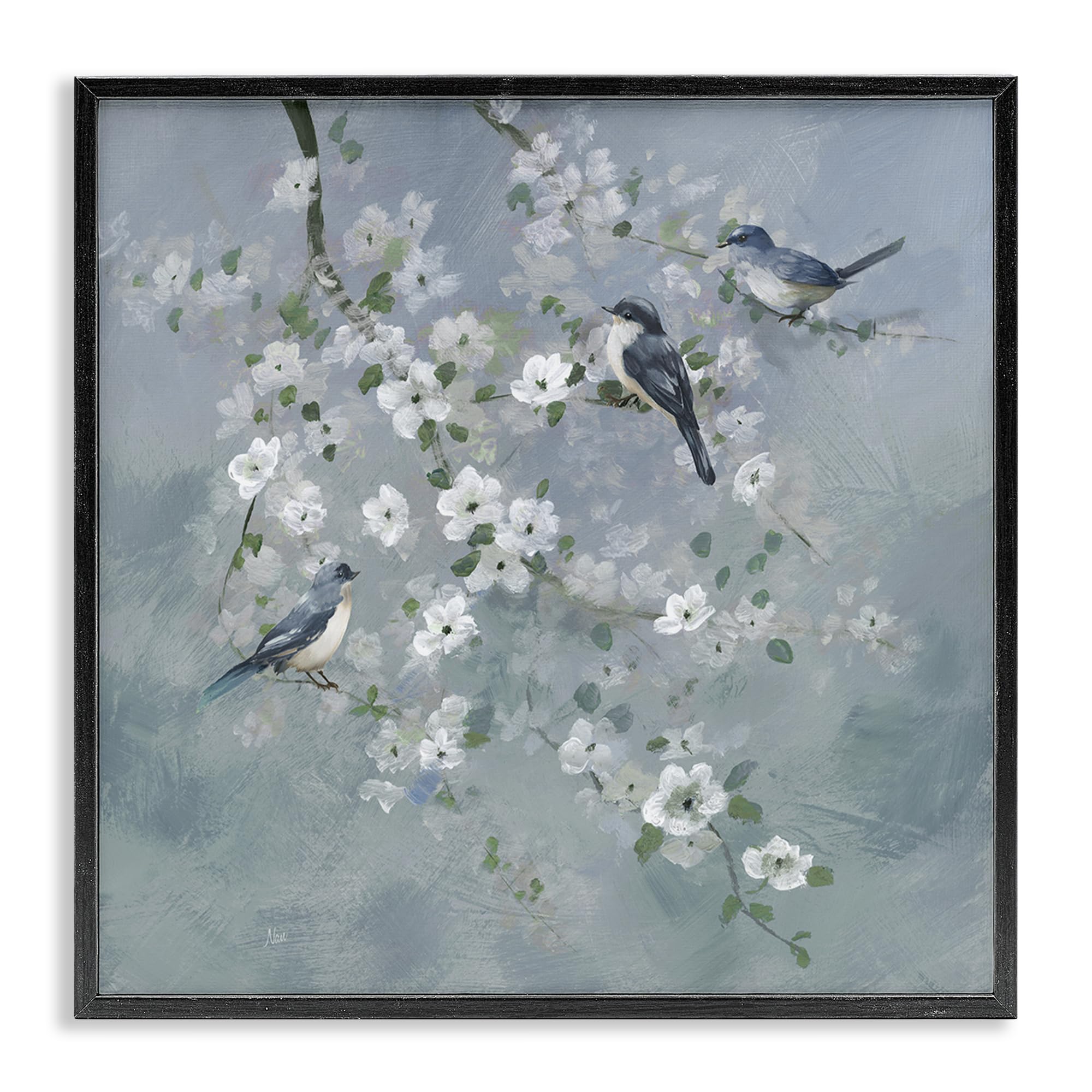 Stupell Industries Midnight Black (Textured) 'Serene Birds On White Blooms', Framed Giclee Art, Black, 17 X 17 Inches, Easy To Hang And Sturdy, Made In Usa, By Nan