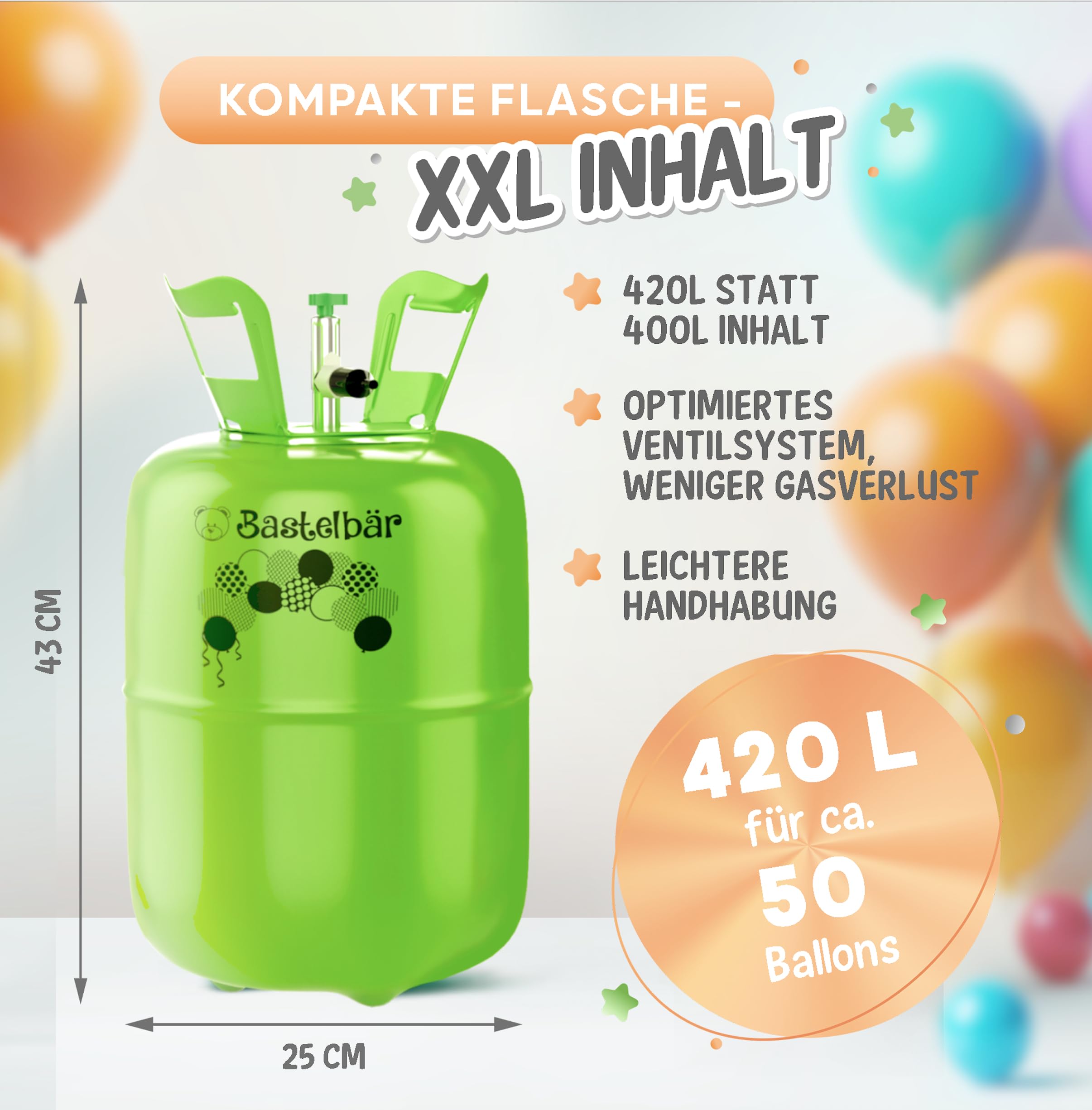 Bombona de gas de helio + 100 globos ecológicos • Gas para globos de 420 l garantizado para aprox. 50 globos • Fácil manejo • Made in EU • Globo de helio Premium • Helio para globos