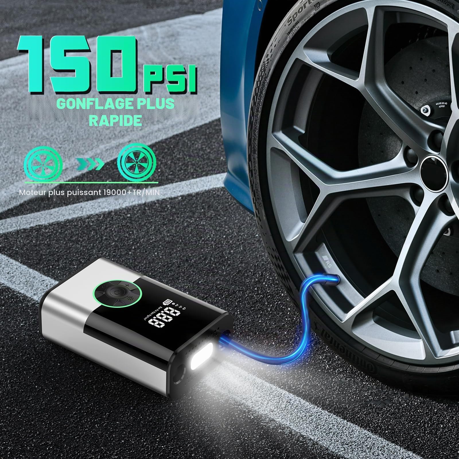 6000mAh Mini Pompe à Air Électrique，Compresseur à Air Portatif Gonfleur Pneus sans Fil 150PSI avec écran LCD Numérique，Pompe à air Rechargeable pour Voiture, Vélo, Moto, Scoote, Balle (Noir)