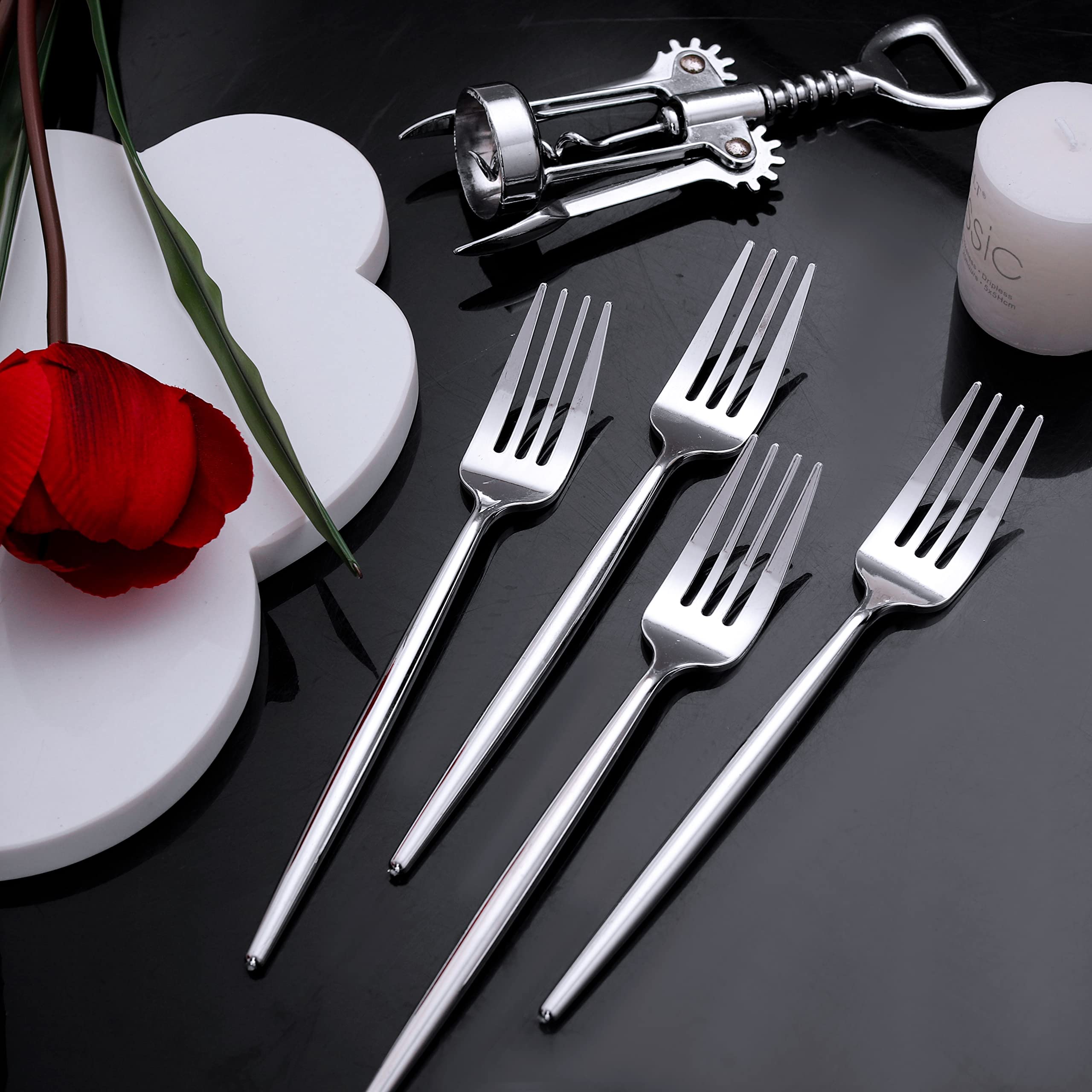 U-QE 180 tenedores desechables de plástico plateado, resistentes, perfectos para fiestas y bodas
