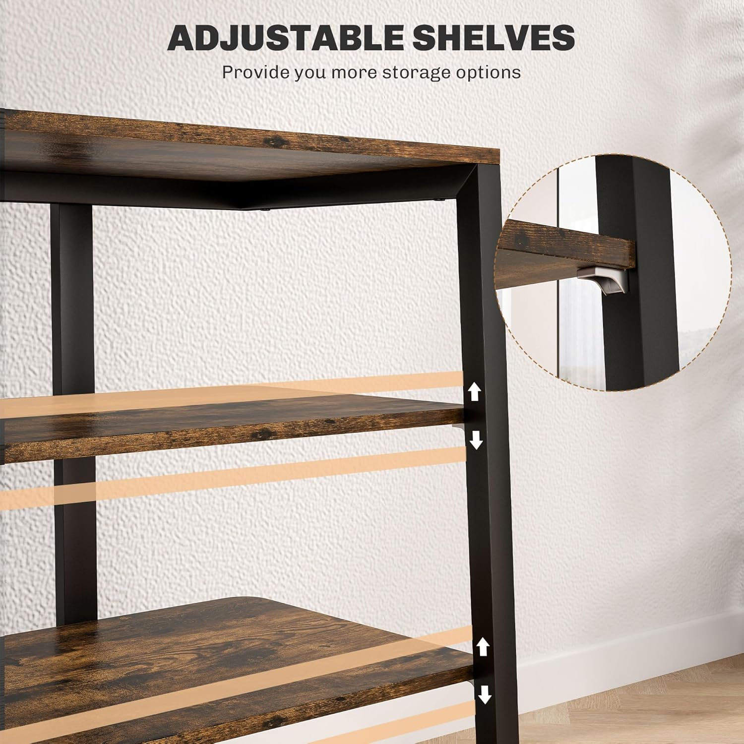 Close-up of the HOMCOM TV Stand showing adjustable shelf mechanism