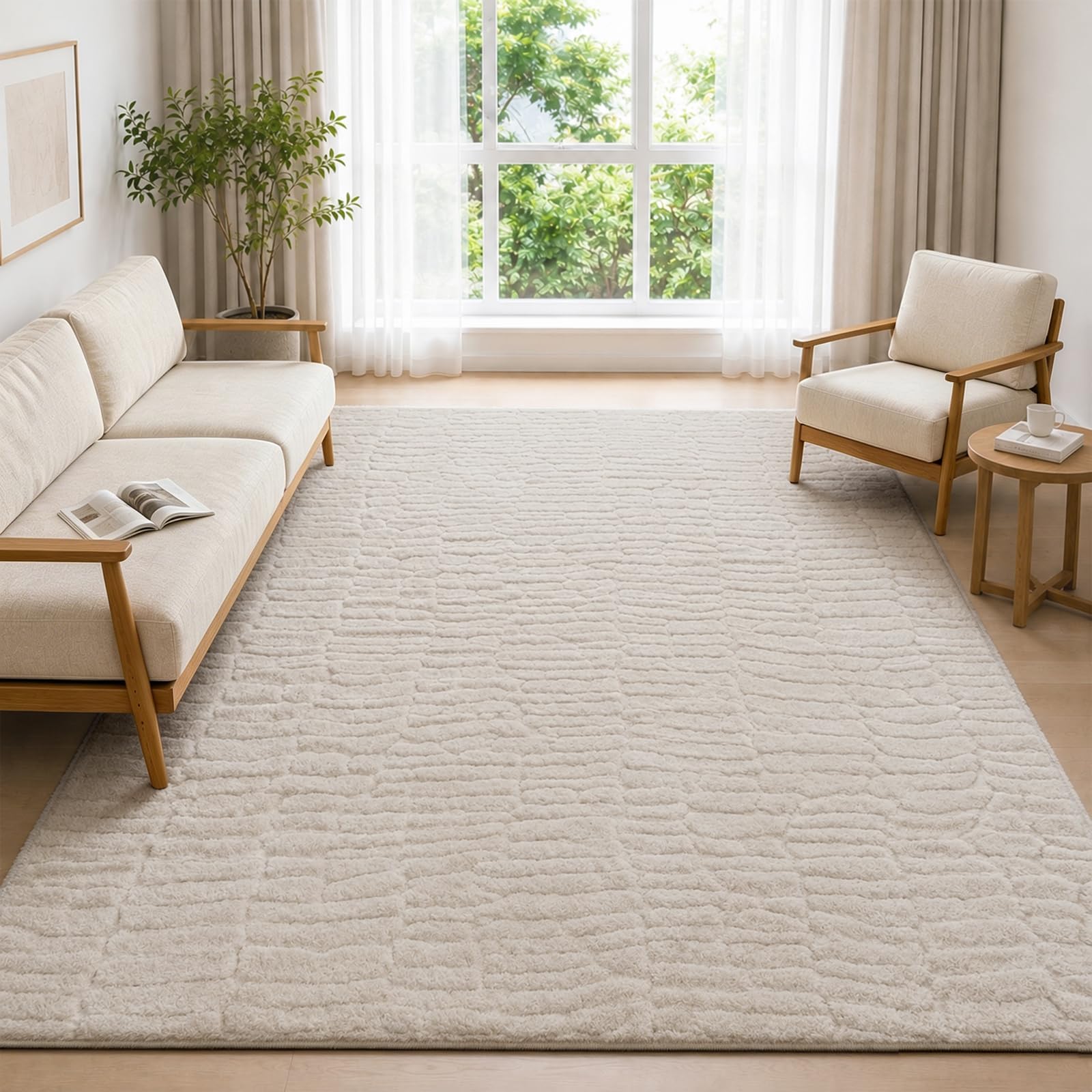 Teppich Wohnzimmer 160x230cm Waschbarer rutschfeste Kurzflor Moderner Bodenmatte 3D Effekt Teppiche für Bereich Schlafzimmer Büro Esszimmer Küche Kinderzimmer, Beige
