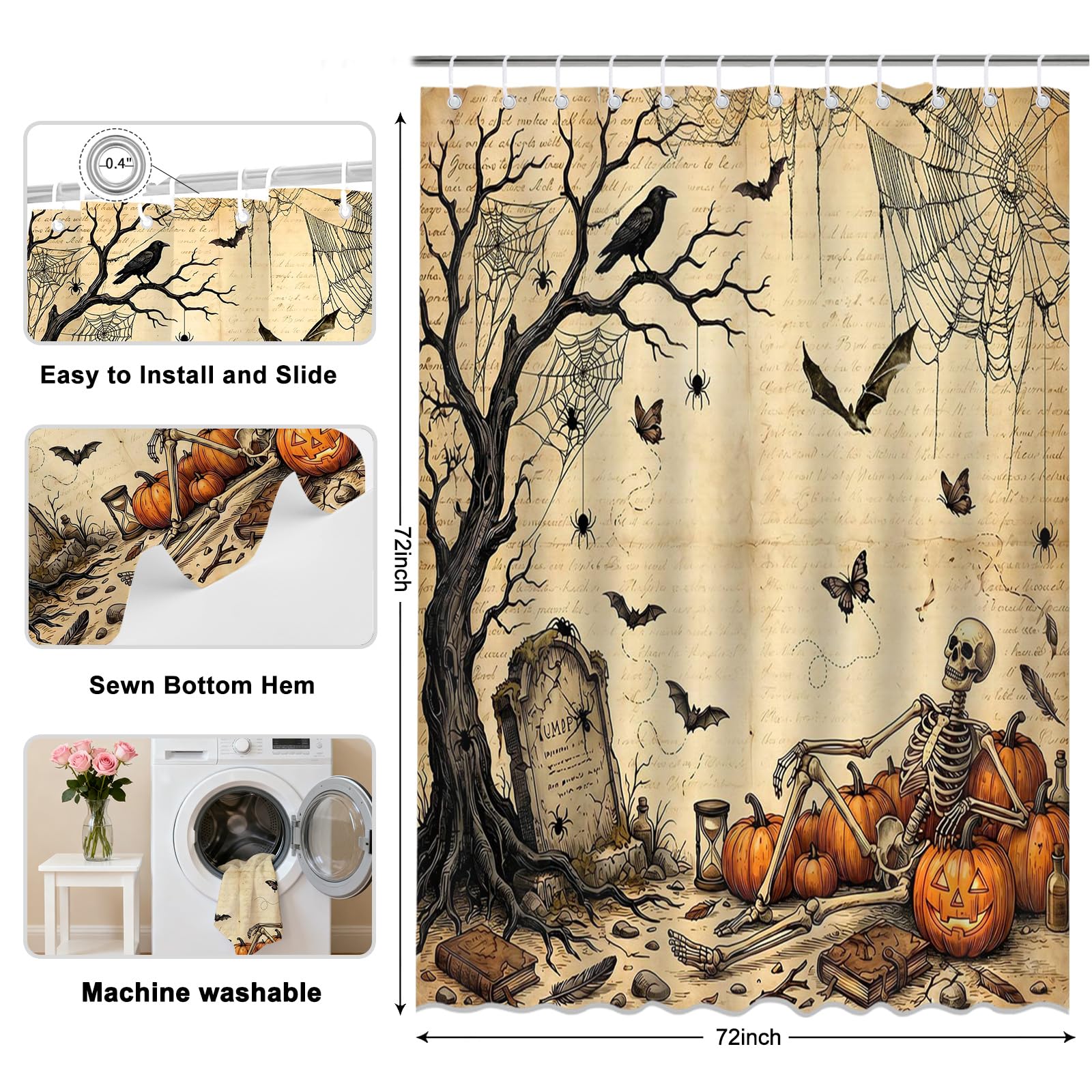 Mocsicka Vintage Halloween Shower Curtain Skull Shower Curtain ...