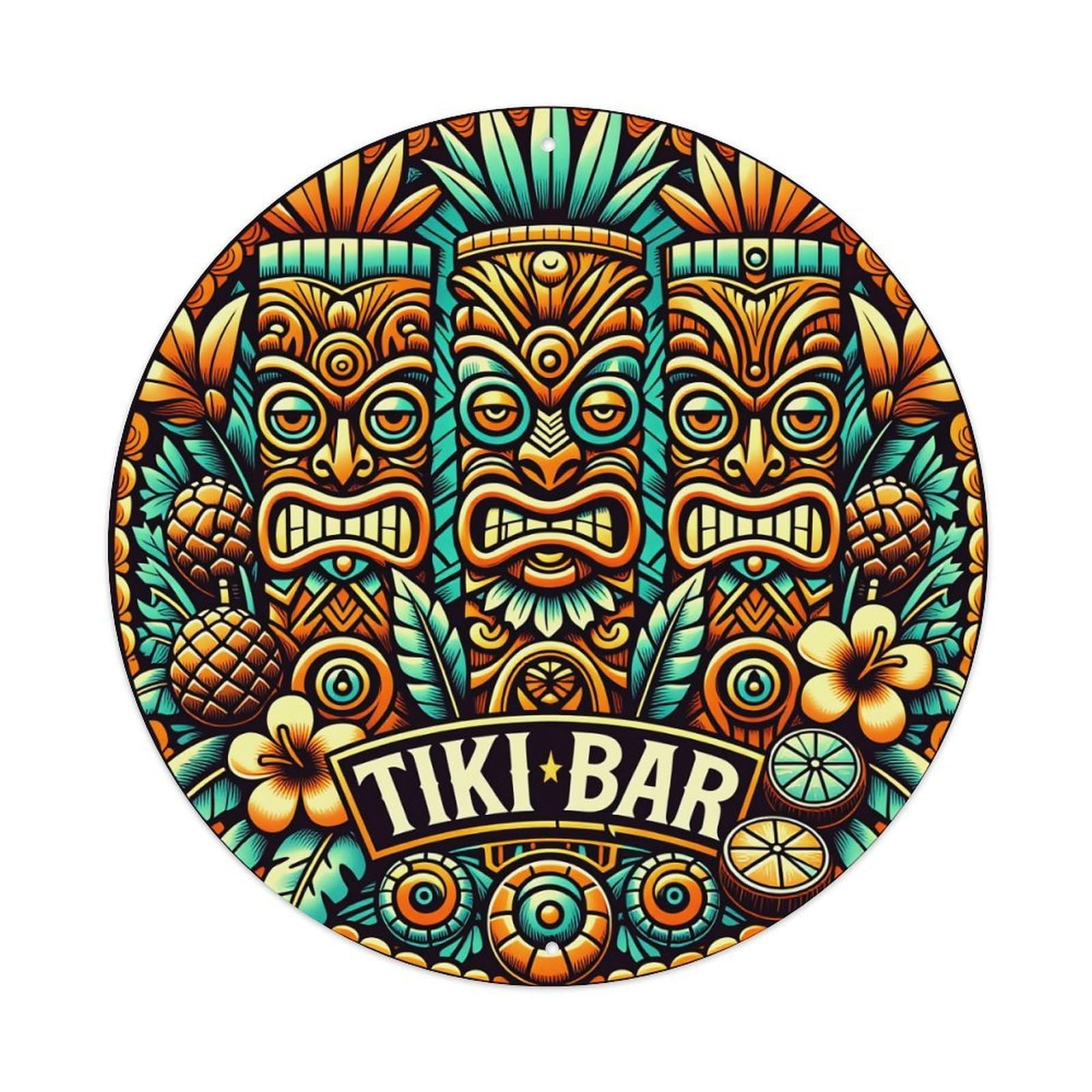Tiki Masks Pineapples Flowers Leaves Tropical Patterns Colorful Design Round Vintage Tin Sign,Retro Wall Art,Metal Poster for Home, Bar, Garage, Cafe, Rustic Indoor & Outdoor Decor, 8x8 Inches