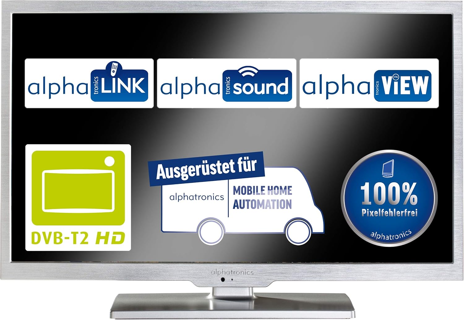 alphatronics T-22 SBI+ screen displaying various features like DVB-T2 HD and 100% Pixelfehlerfrei