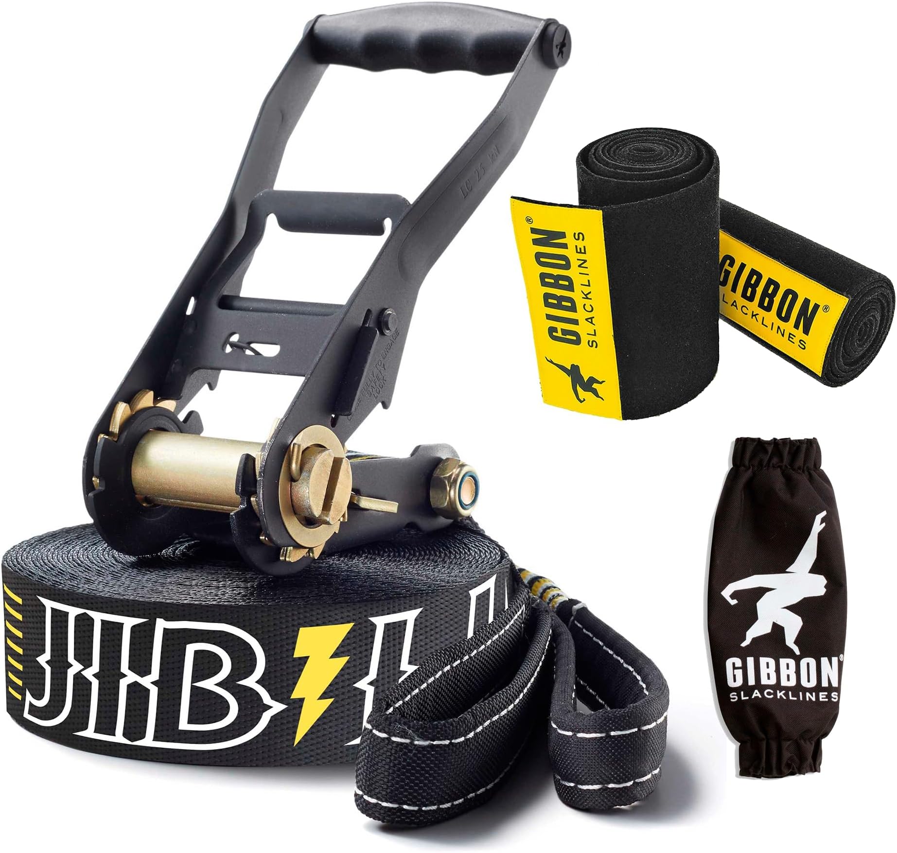 GIBBON JibLine Slackline with TreeWear - Jumpline & Trickline 49ft Slack Line - 41ft x 2” line & 8ft Ratchet Strap with Reinforced Loop