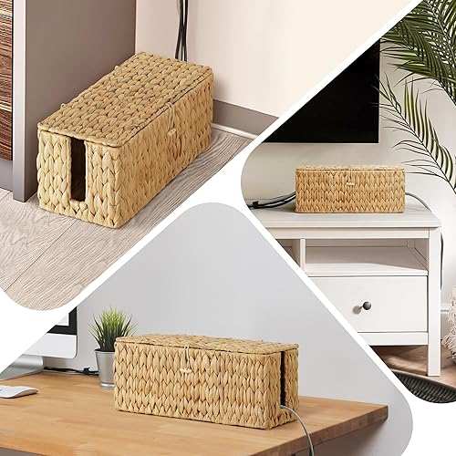 Miniatura 6 de Posprica Caja de Gestión de Cables con Tapa, Paquete de 2 Cajas Organizadoras Ocultadoras de Cables Tejidas a Mano de Jacinto de Agua Real, Caja de
