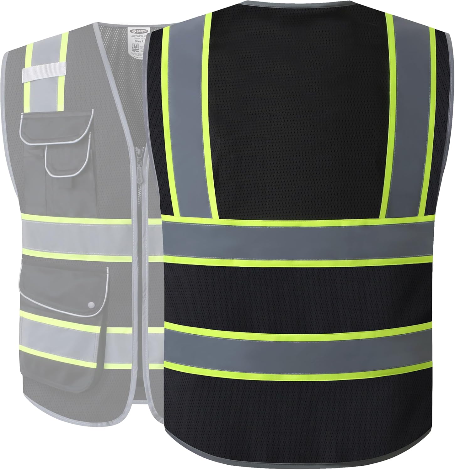 JKSafety 9 Pockets High Visibility Zipper Front MESH Black Safety Vest | Black with Dual Tone High Reflective Strips | ANSI/ISEA Standards (100-Black, XL) - Image 5
