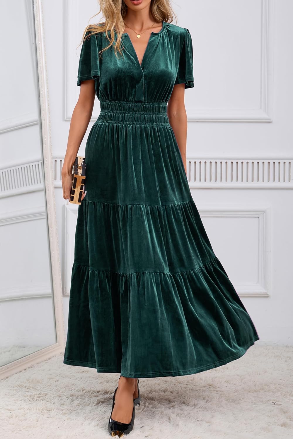 Women's Fall Velvet Maxi Dress Solid Elegant Winter Short Sleeve V Neck Elastic Waist Wedding Guest Party Long Dress - Image 7