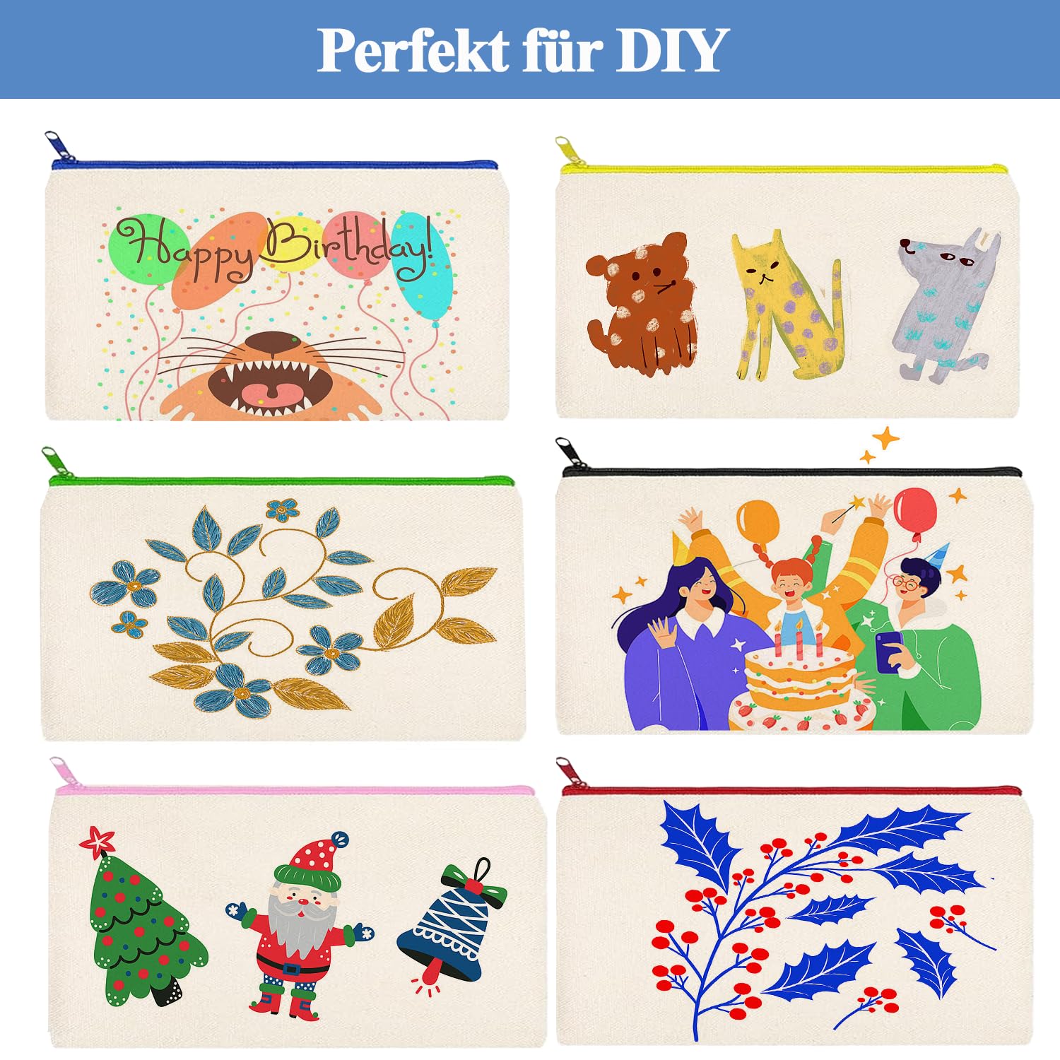 24 Stück DIY Blanko Stoffbeutel, Stoff Federmäppchen zum Bemalen, Bunt Stoffbeutel Zum Bemalen, 12 x 21cm Stoff Mäppchen zum Bemalen, Segeltuch Kosmetiktasche, Tasche Zum Bemalen für Kinder