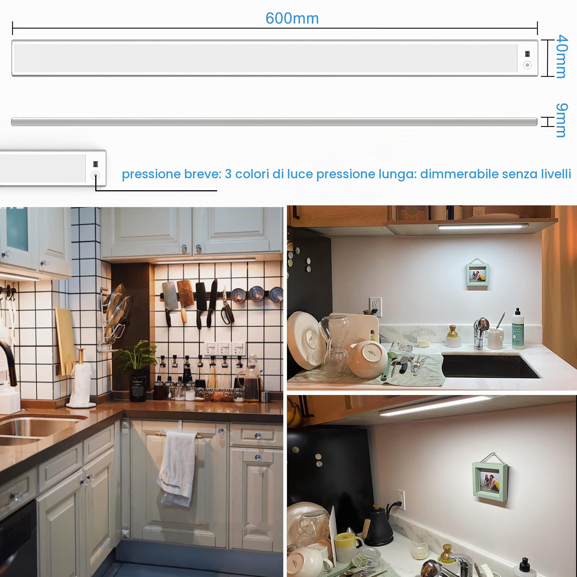 60cm Luce LED Sottopensile con Sensore Movimento a Mano,Barra Luminosa Ricaricabile USB 4500mAh 3Colori Dimmerabile,LED Magnetica Funzione Memoria Senza Fili per Cucina,Armadio,Bagno