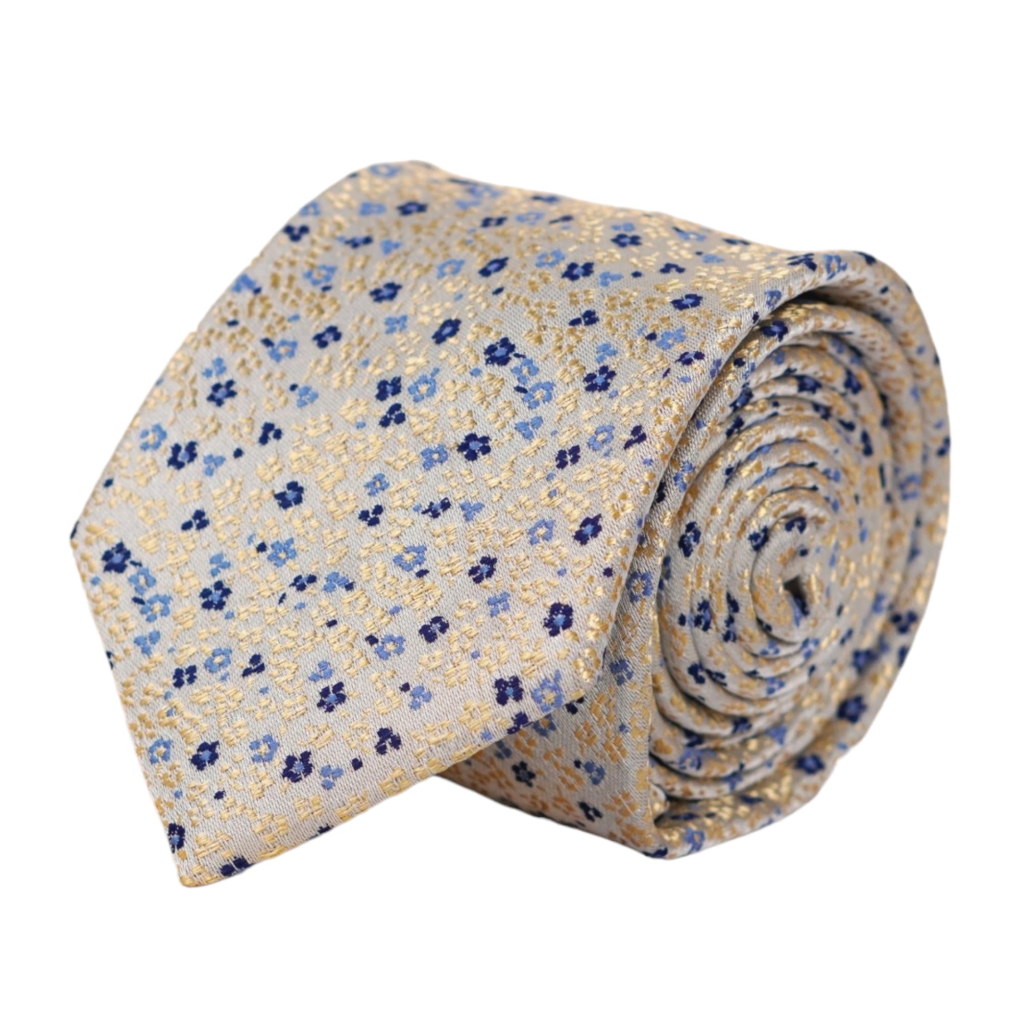 THE DELHI LOOM Men's Micro Silk Tie & Pocket Square Gift Set with Wooden Box – Floral Fields Design in Ivory Golden & Blue – Ideal for Weddings, Celebrations & Formal Wear - Image 5 thumbnail