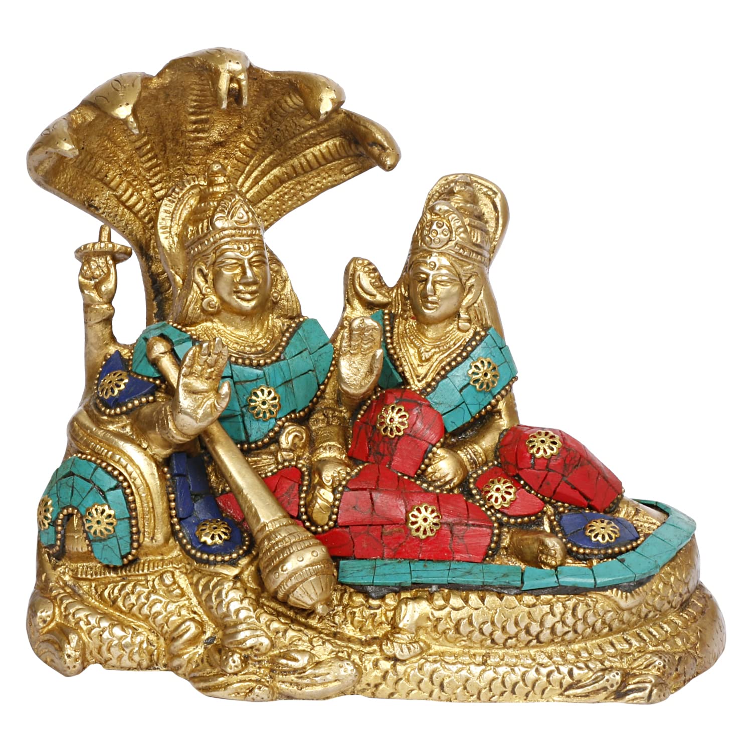 Kartique Lord Vishnu with Lakshmi Rest Upon Shesha Naag | Multicolor Gemstone Handwork Idol | Brass Laxmi Narayan Statue (6" X 7") (7" x 4" x 7")