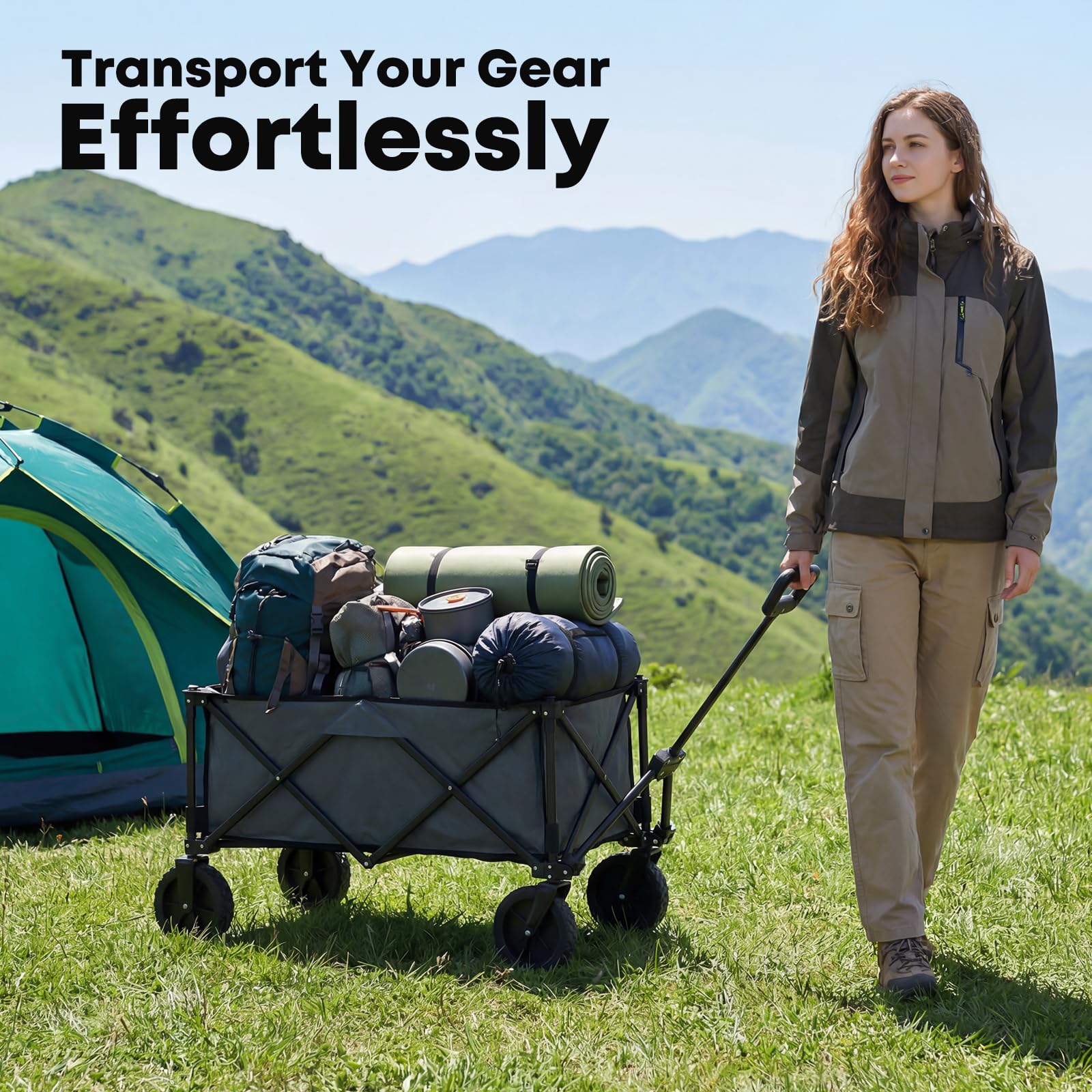 Folding Utility Wagon Cart with All-Terrain Wheels, Folding Trolley Cart Heavy-Duty Steel Frame, 150L Capacity, 150kg Load - Image 7
