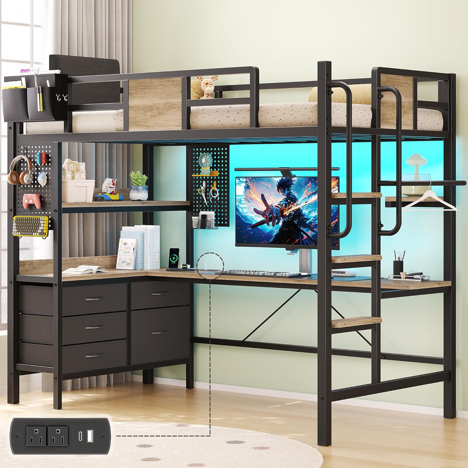 Loft Bed Twin Size,Loft Bed with Desk & RGB LED Lights and Charging Station,Bunk Bed with Desk and 5 Storage Drawer Cabinets and 2 Open Shelves,Twin Loft Bed No Box Spring Needed,Oak Gray